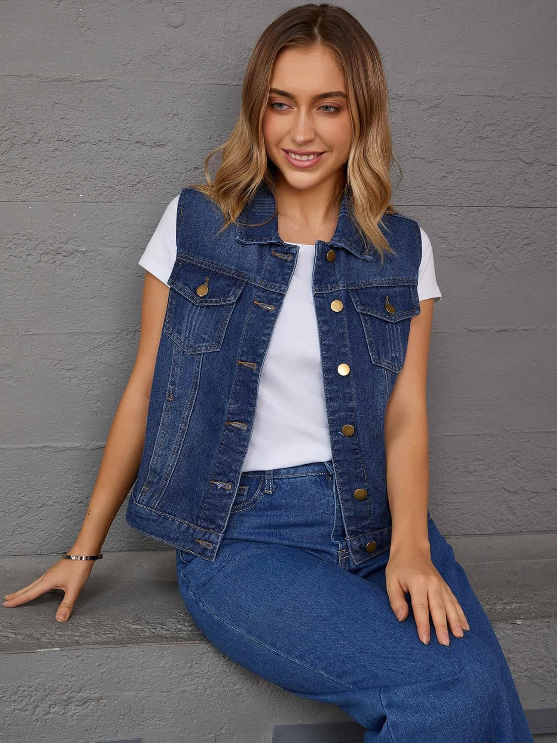 Women's Denim Vest Button Down Jacket W Chest Flap Pockets Washed Distressed Sleeveless Jean Jacket - Image 5