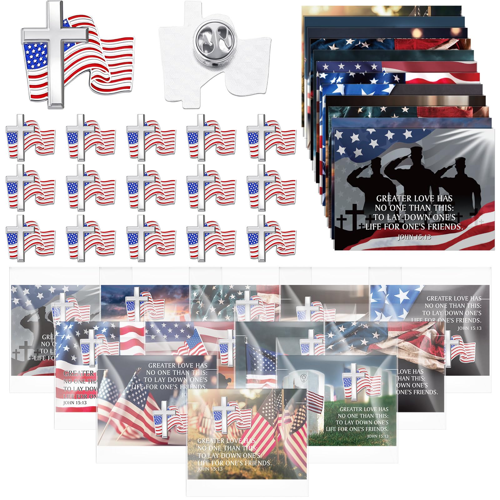 Hoteam 24 Sets Religious Memorial Day Pins Gifts American Flag Pins with Card Bulk Memorial Day Party Favor Gift Cross Patriotic Pin for Veteran Men