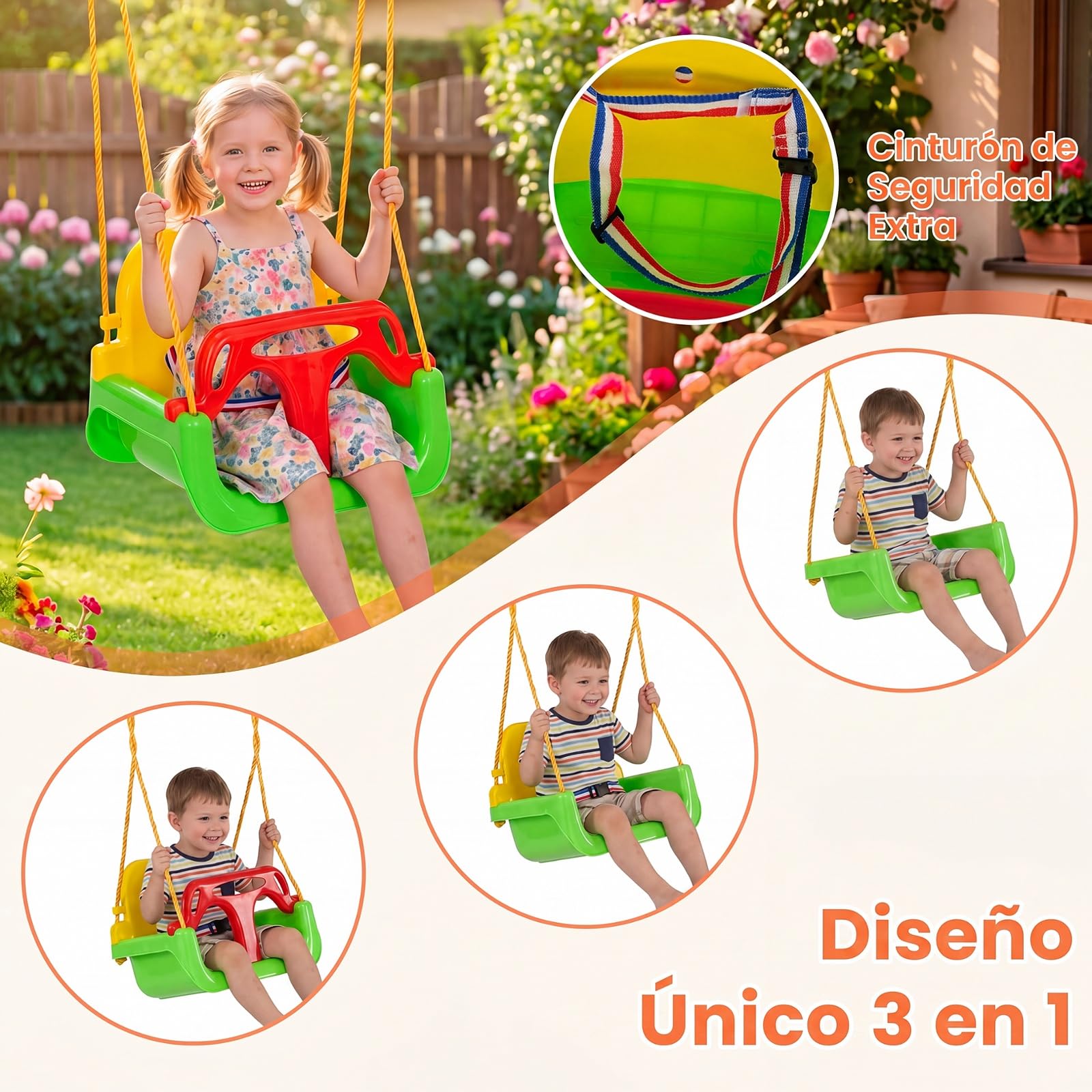 COSTWAY Columpio Jardín Exterior, Juego 3 en 1 de Columpio Infantil, Estructura De Metal, Columpio con Cinturón/Plataforma, 1 Asiento De Columpio Ajustable, 350 x 182 x 195 cm, Carga 300kg (3 en 1-2)