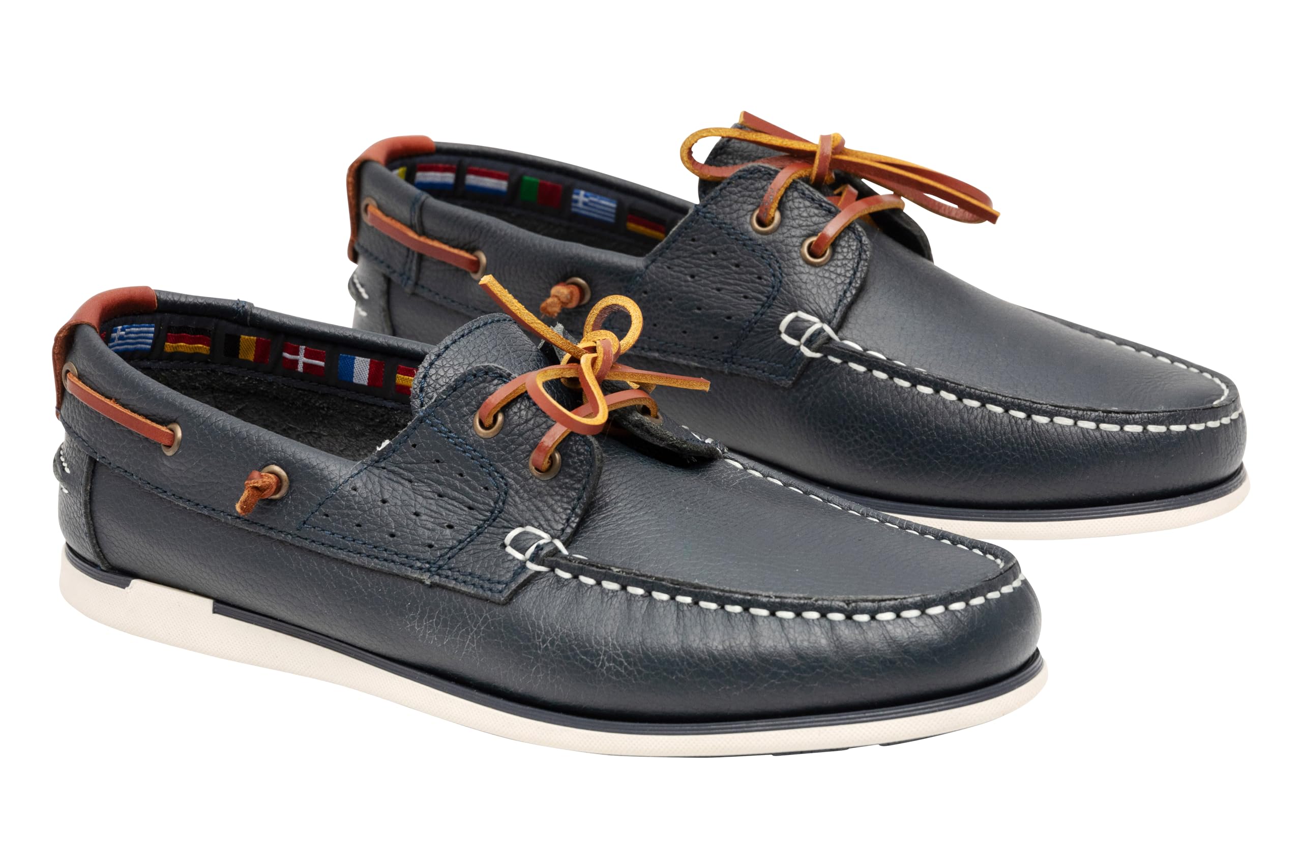 Scarpe da barca da uomo in vera pelle mocassini piatti con lacci in pelle blu scuro e marrone 2 Eye Boat Shoes