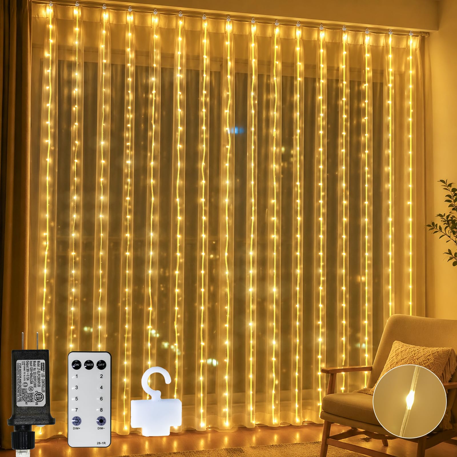 suddus Tangle-Free Curtain Lights for Bedroom 200 LED Hooks Warm White