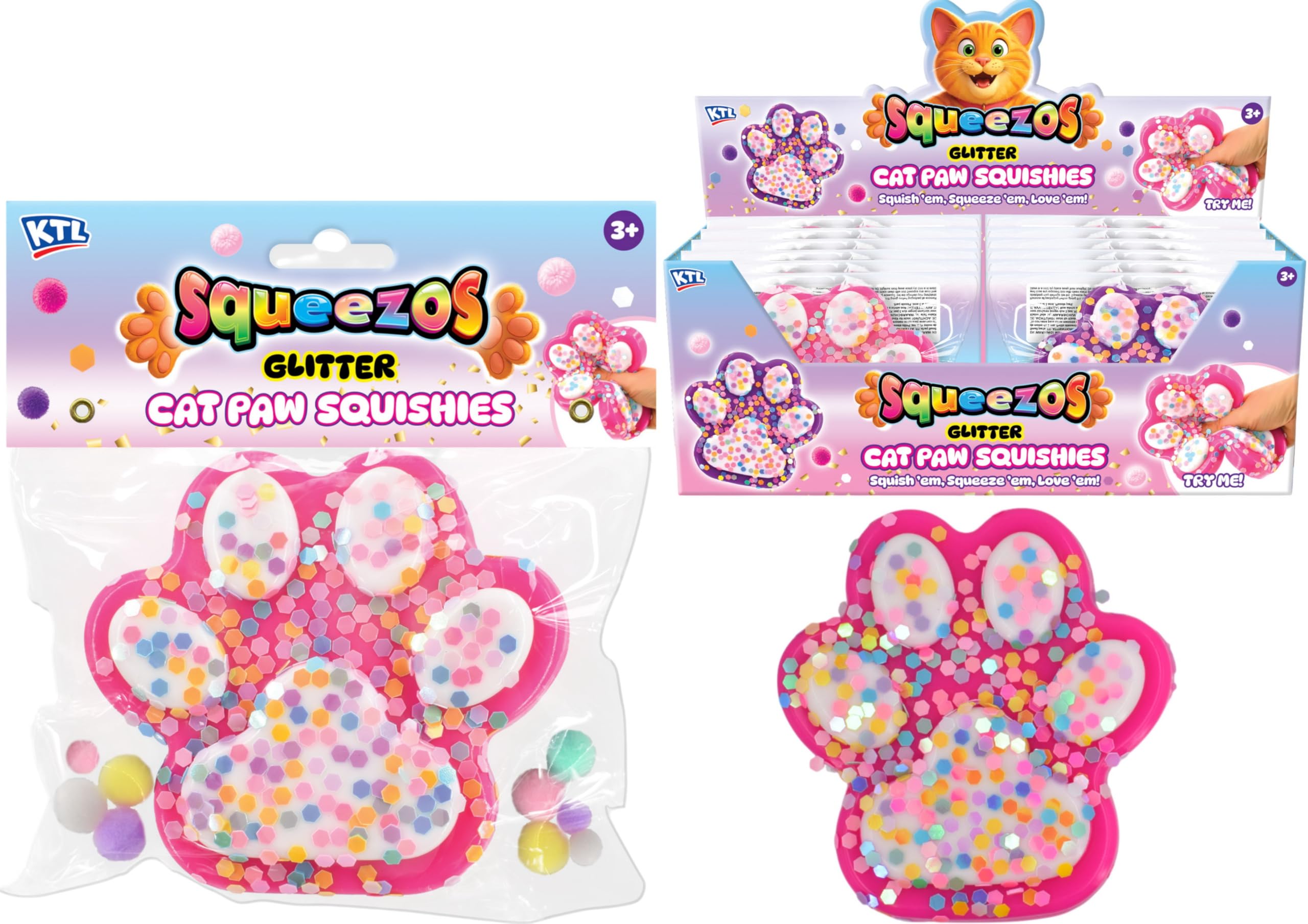KandyToys Squeezos Glitter Cat Paw Squishy Toy, Pink, with Glitter and Bobbles, 20cm, 180g, Ages 3+