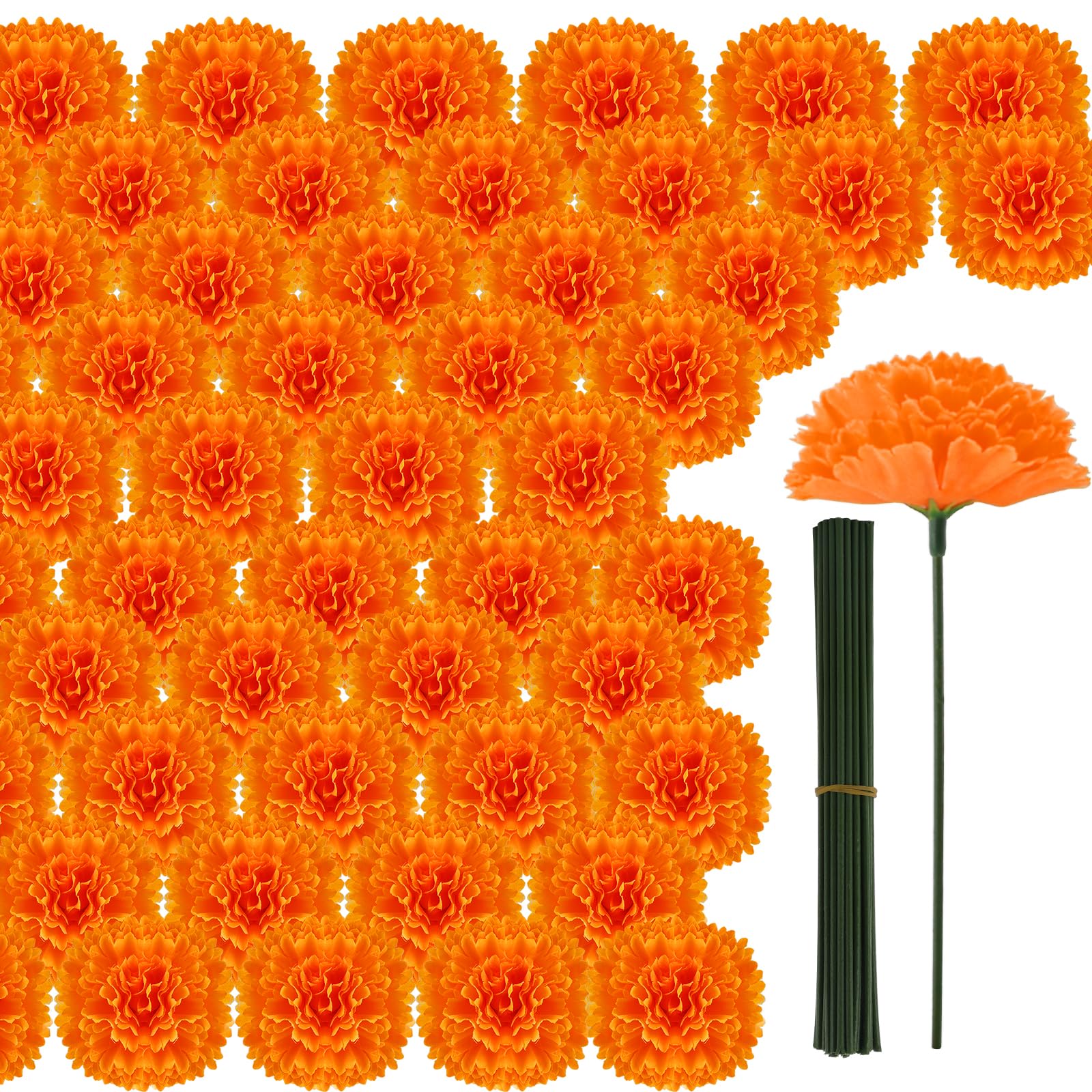 Hananona 50Pcs Artificial Marigold Flower Heads, Silk Marigold Heads Bulk Fake Flowers for Dia De Los Muertos Decor DIY Marigold Garland Day of The Dead Decorations