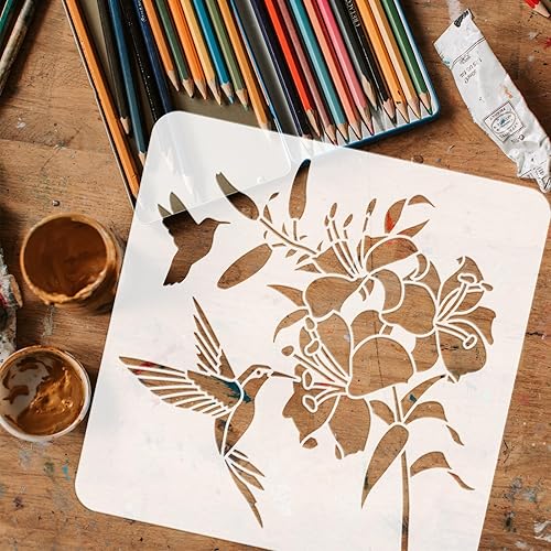 Miniatura 3 de FINGERINSPIRE Plantilla de colibrí de 11.8 x 11.8 pulgadas, plantillas decorativas reutilizables de pájaros, lirio, flores, plantilla de dibujo de