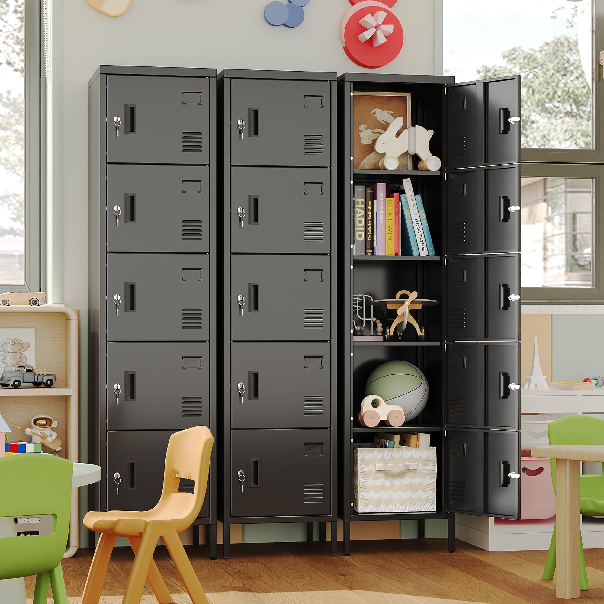 Metallschrank mit Lüftungslöchern, 5-türiger Metallschrank, mit Namensschildfach, Geeignet für Schule, Büro und Zuhause, Zum Selbstaufbau, 168 cm x 40 cm x 40 cm, Schwarz