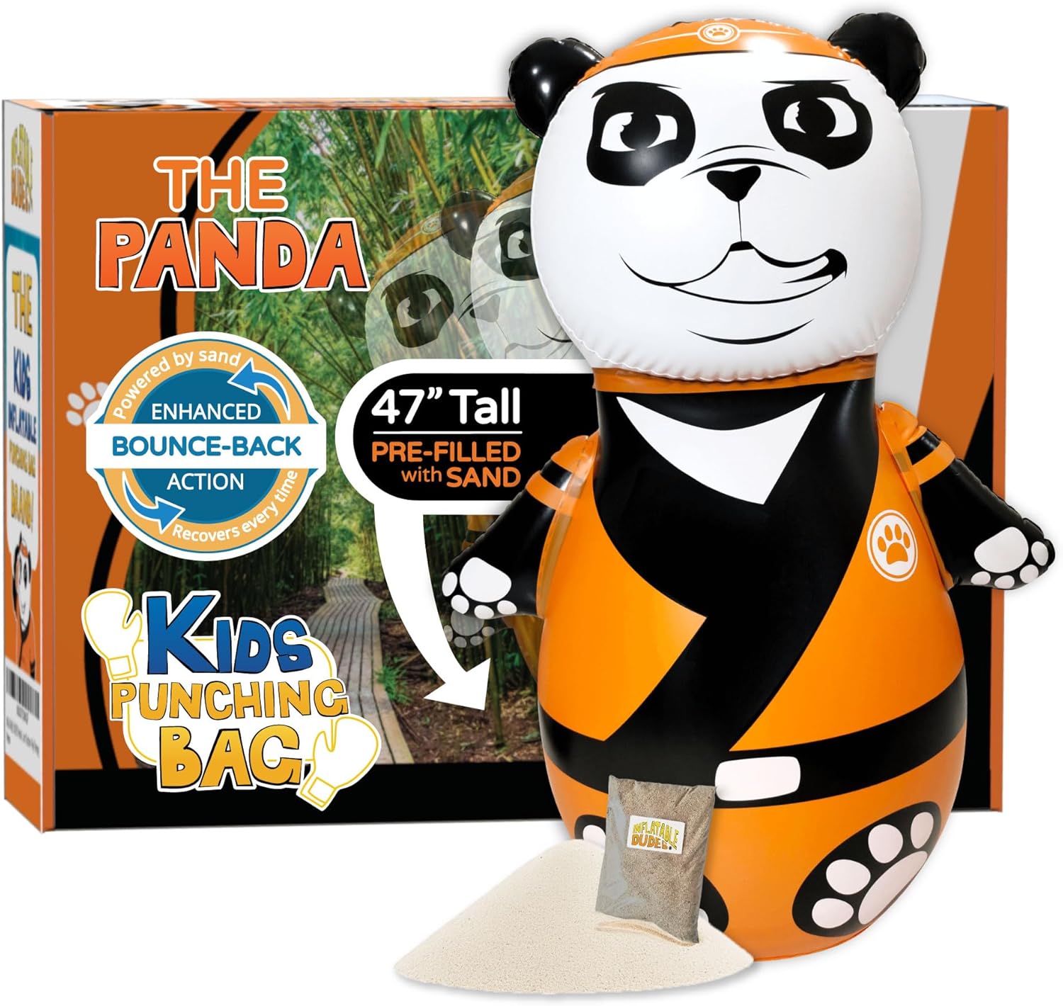 INFLATABLE DUDES Animal -Kids Punching Bag | Already Filled with Sand| Bop Bag | Premium Inflatable Toy | Punching Bag for Kids | Enhanced Bounce-Back Action! | Indoor Outdoor - Party Games Black/White/Orange Panda | Pre-filled with Sand
