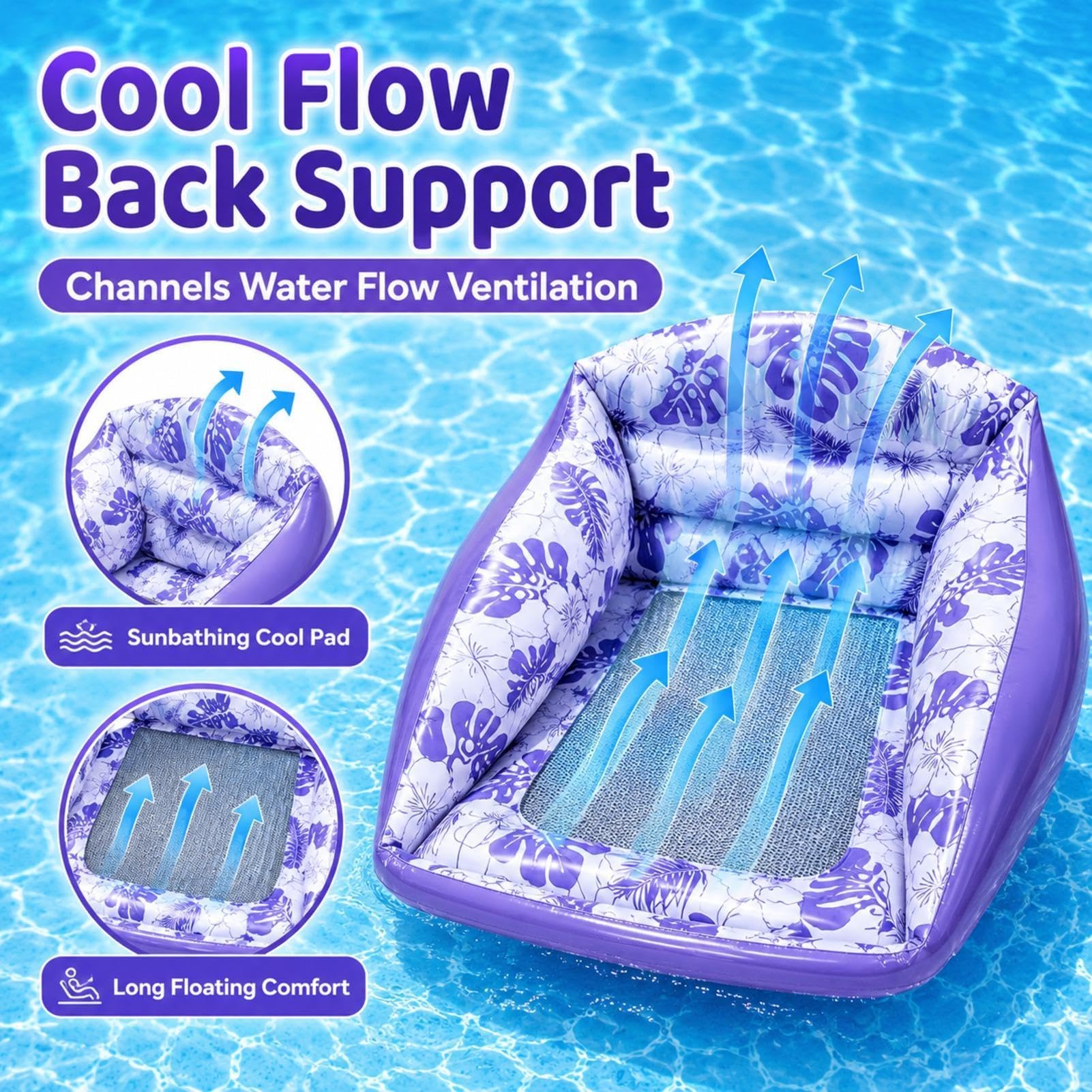 Chaise longue gonflable pour piscine – Canapé flottant polyvalent et hamac flottant | Siège ergonomique en maille rafraîchissante pour un confort durable | PVC robuste pour une utilisation en
