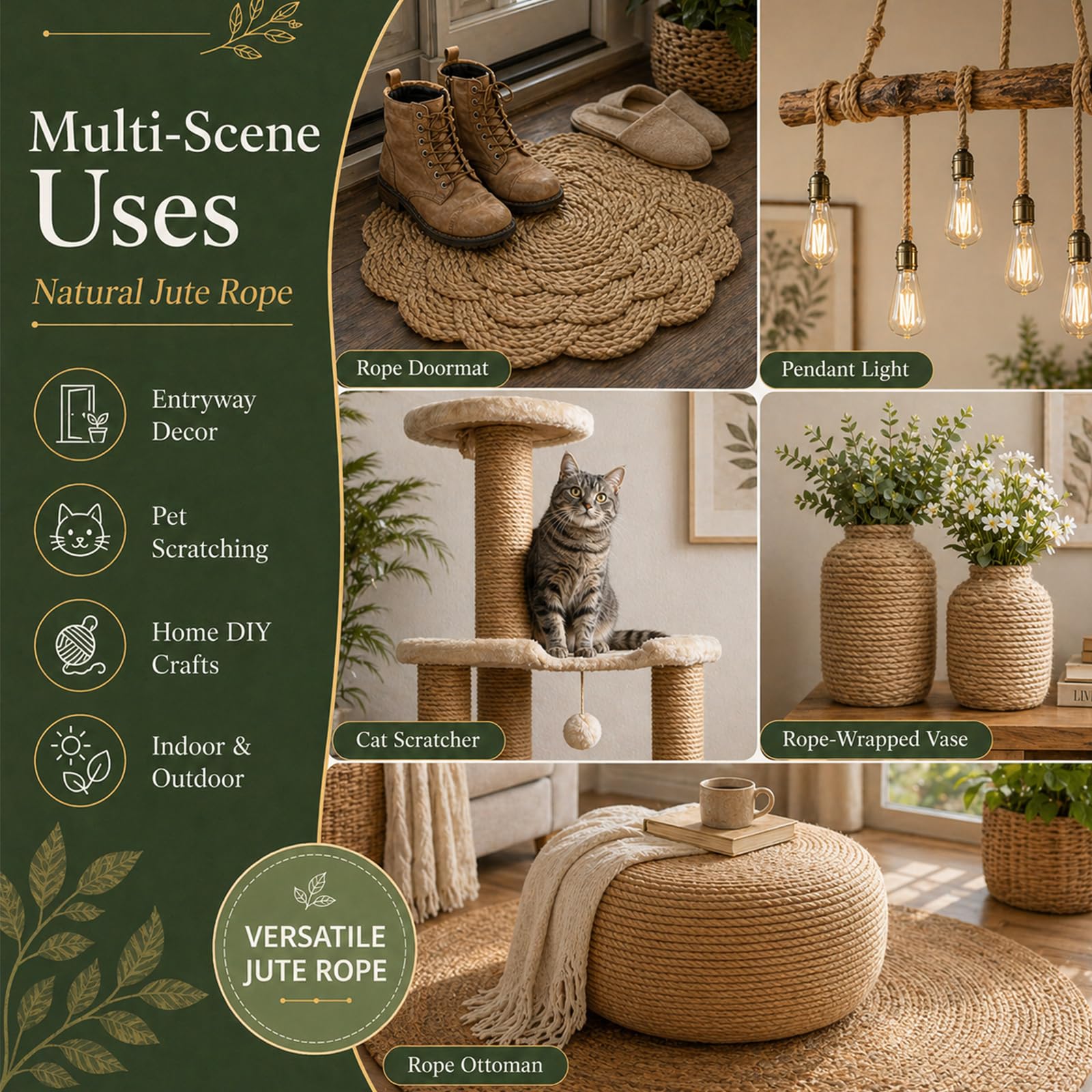 Corda di iuta naturale al 100% (1,3 cm x 50,3 m) Spago di iuta spesso per artigianato, giardinaggio, amaca, decorazione della casa