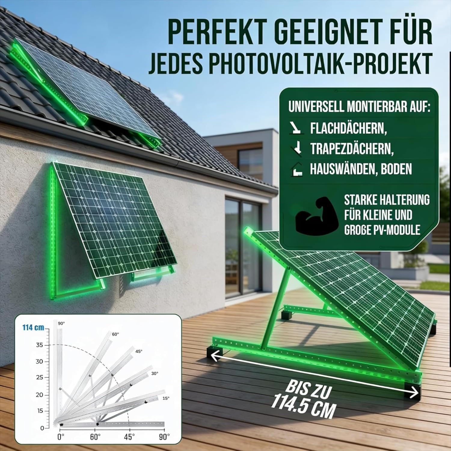 4x Balkonkraftwerk Halterung für Module bis 114,5 cm verstellbar 0–90° | Halterung Balkonkraftwerk für Maximale Sonnenausbeute│Extra Robuste Solarpanel Halterung für jedes Balkonkraftwerk
