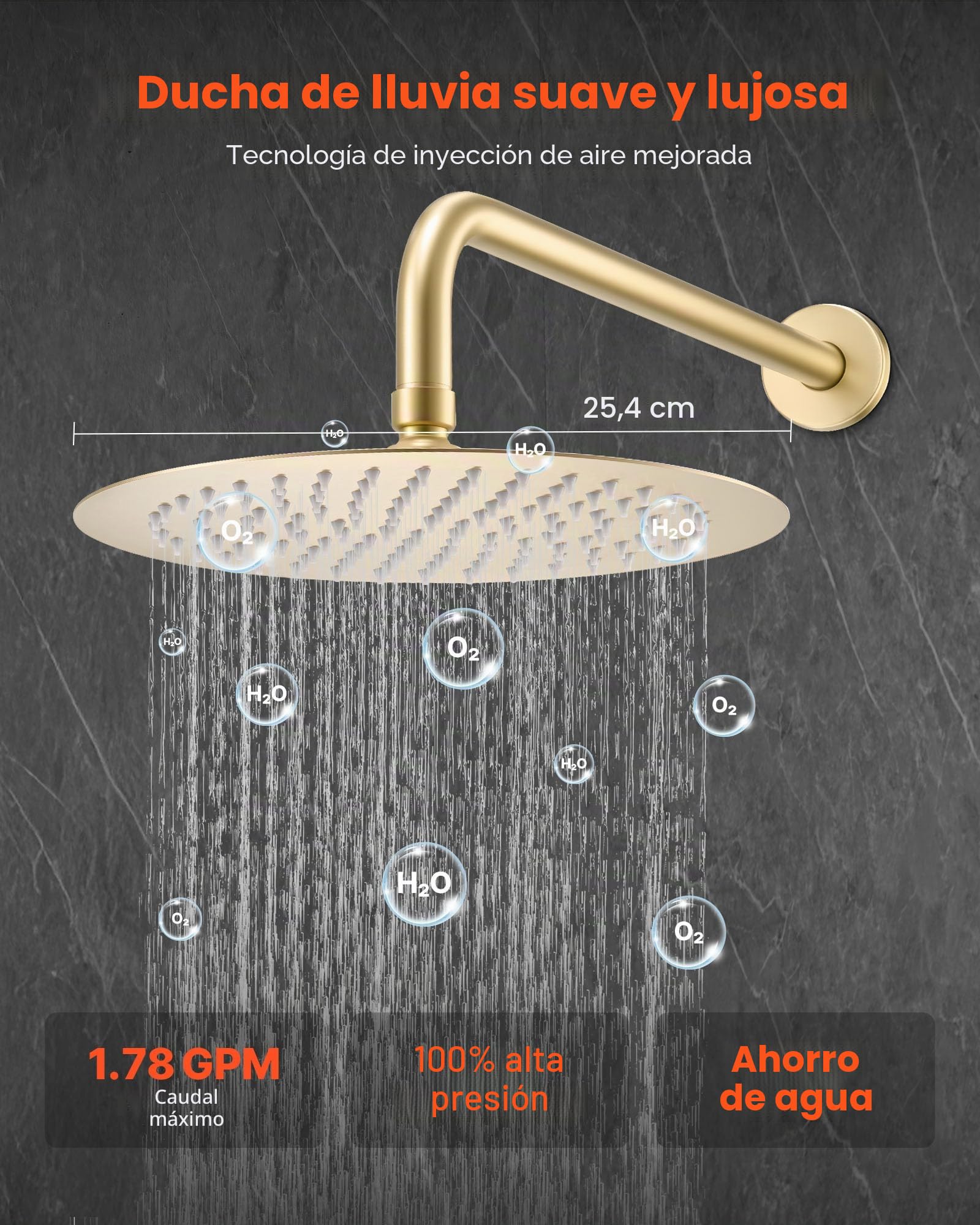 VEVOR Juego de Grifo de Ducha de Lluvia con Cabezal de Ducha Redondo de 25,4 cm y Rociador de Mano, Grifería de Baño de Pared con Válvula de Latón y Kit de Embellecedor, 6,7 L/min, Oro Cepillado