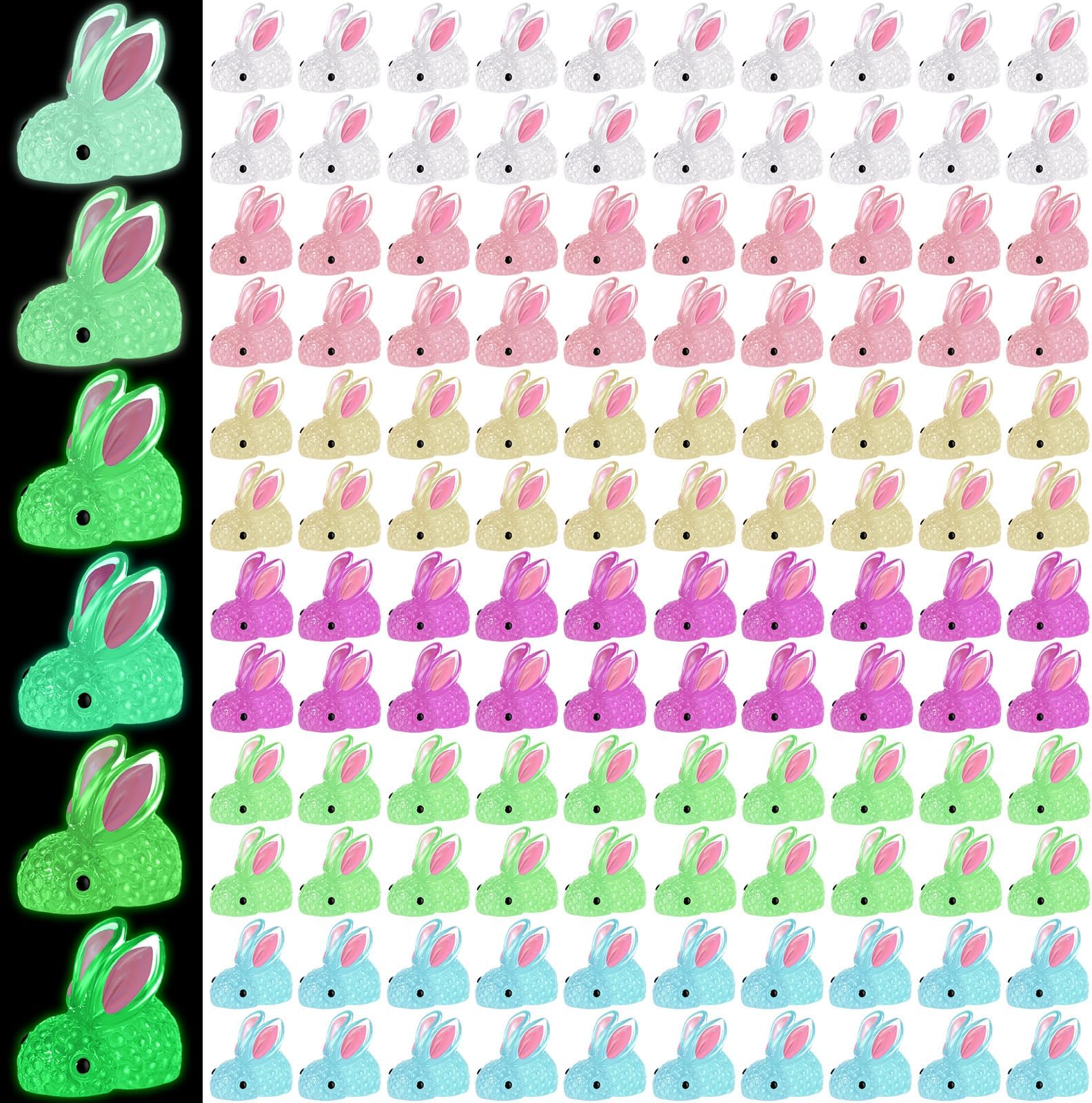 Barydat120 Pcs Easter Luminous Mini Resin Bunny Bulk Glow in The Dark Small Tiny Rabbit Bunny Figurines Easter Egg Fillers for DIY Garden Landscape Potted Dollhouse Decor Party Favors