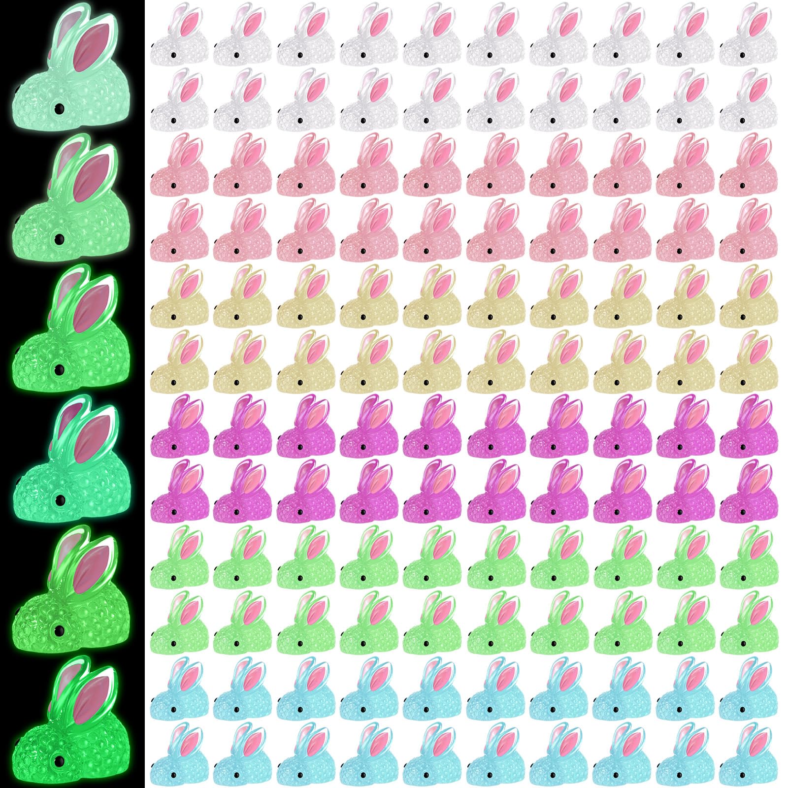 Barydat120 Pcs Easter Luminous Mini Resin Bunny Bulk Glow in The Dark Small Tiny Rabbit Bunny Figurines Easter Egg Fillers for DIY Garden Landscape Potted Dollhouse Decor Party Favors