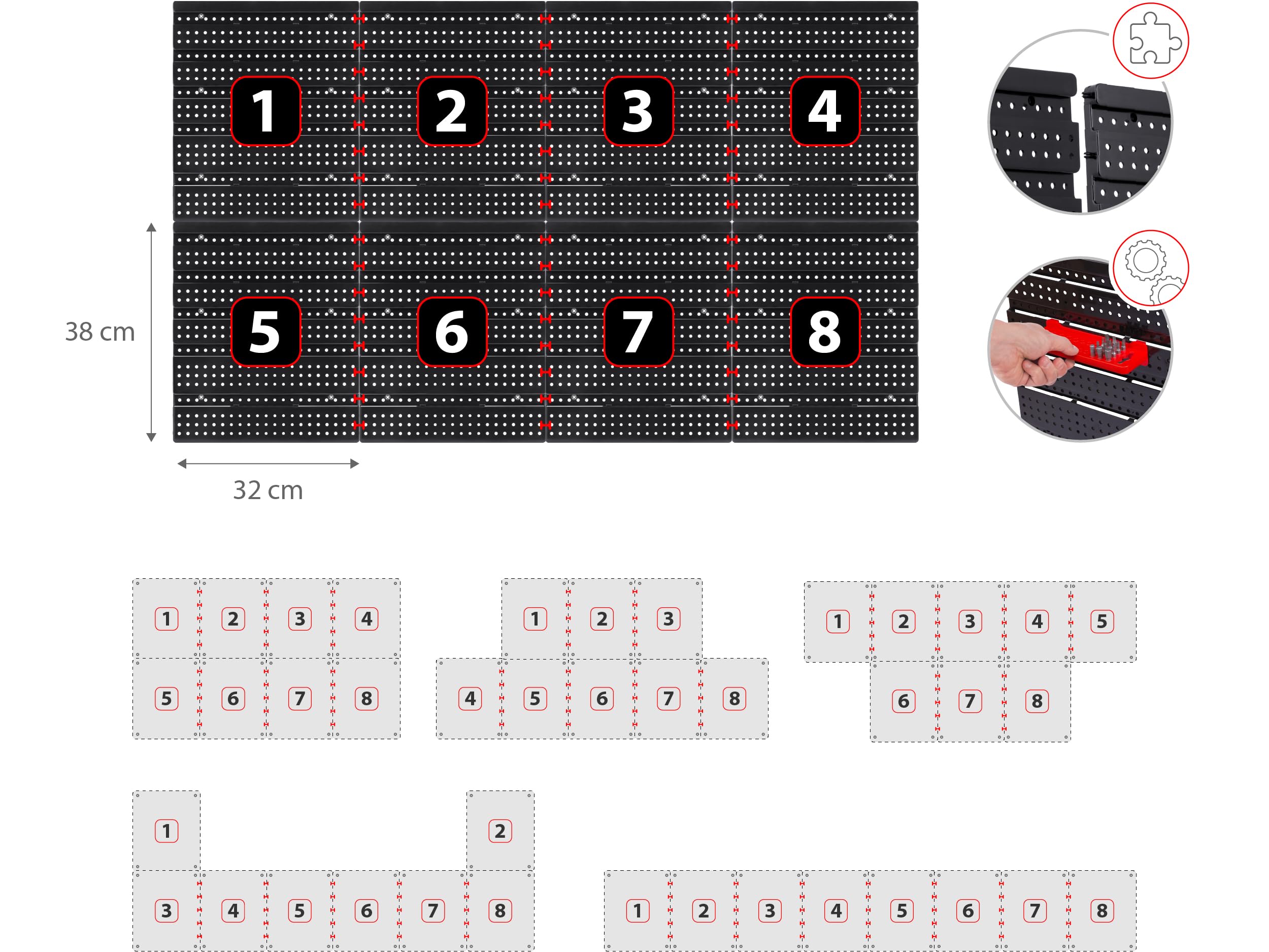 Humberg Ścianka Narzędziowa - Tablica Warsztatowa Perforowana - Regał Ścienny do Warsztatu i Garażu - 6 Modułów - 54 Elementy - Czarno-czerwony - 128 x 76 cm
