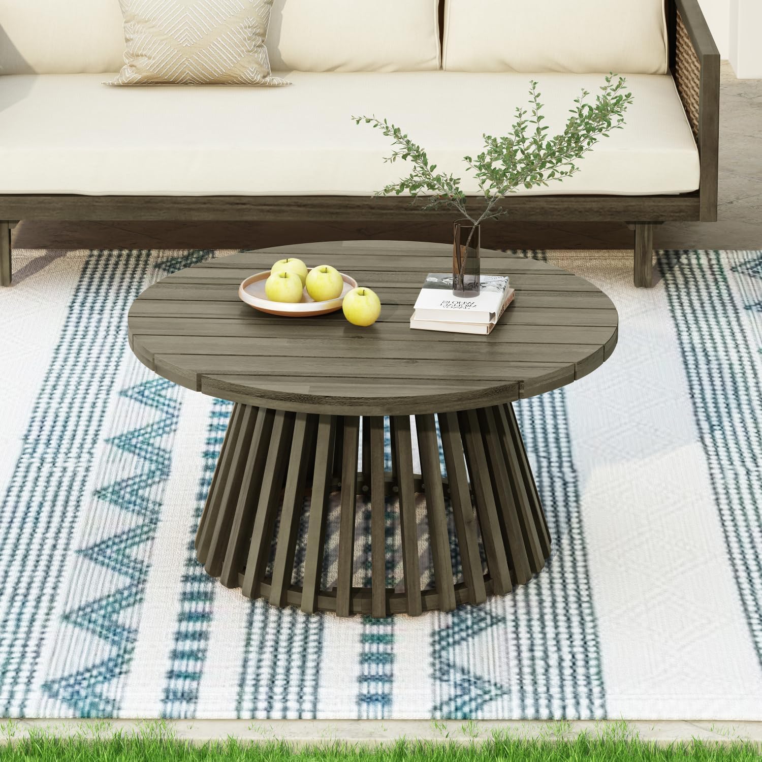 Outdoor Acacia Wood Patio Coffee Table, Round Coffee Table for Backyard, Lawn, Balcony, Grey Finish