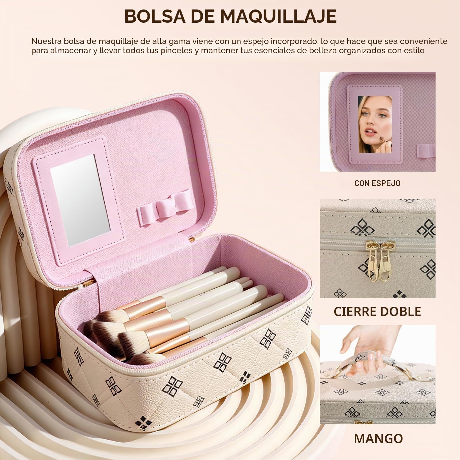 Set de 49 Brochas de Maquillaje Profesionales Premium con Brocha Base y Estuche de Cuero con Espejo - Kit Completo para Contorno, Polvos y Sombras