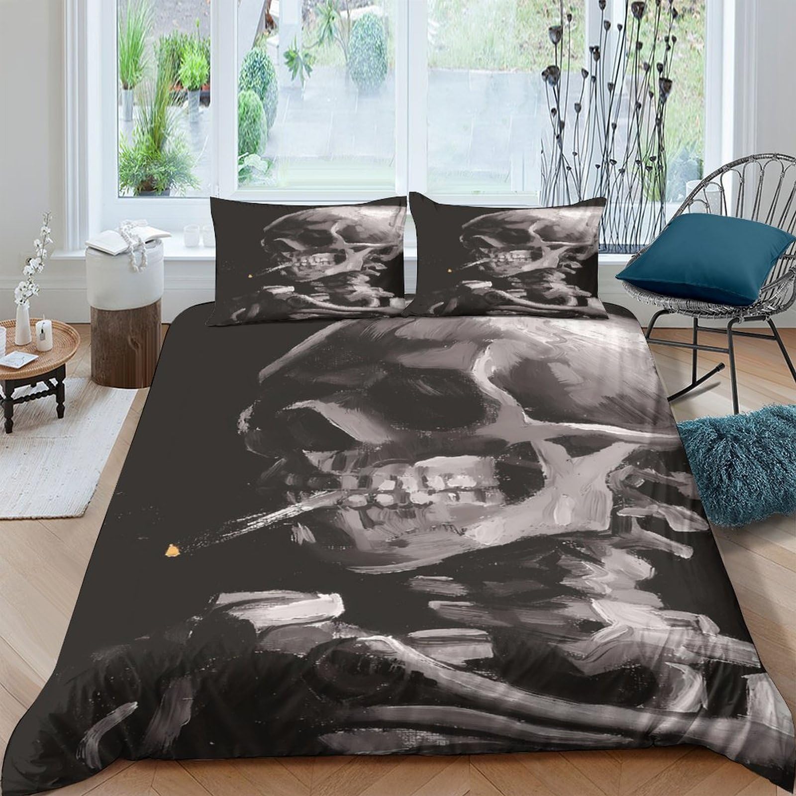 Ctjqhvkz Style-6 3D Printed Smoking Skull Fitted Sheet Microfiber Black Gothic Skeleton Mattress Cover For Bedroom Dorm Mattress Protection Decor Single（135X200cm）