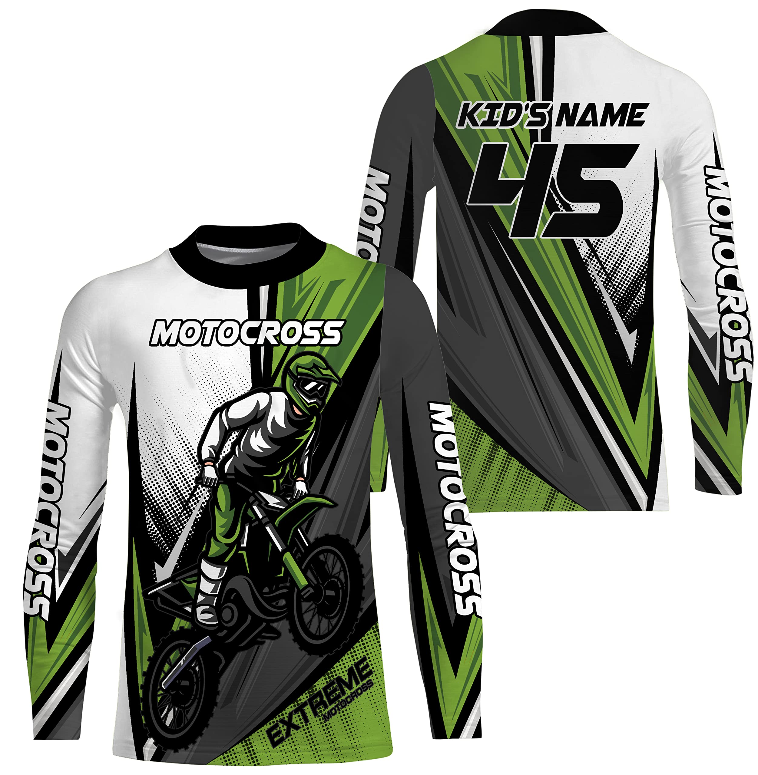 Kid Motocross Jersey Personalized UPF 30+, Dirt Bike Motorcycle Off-Road Racing Youth Long Sleeves| NMS365 (X-Large, Green)