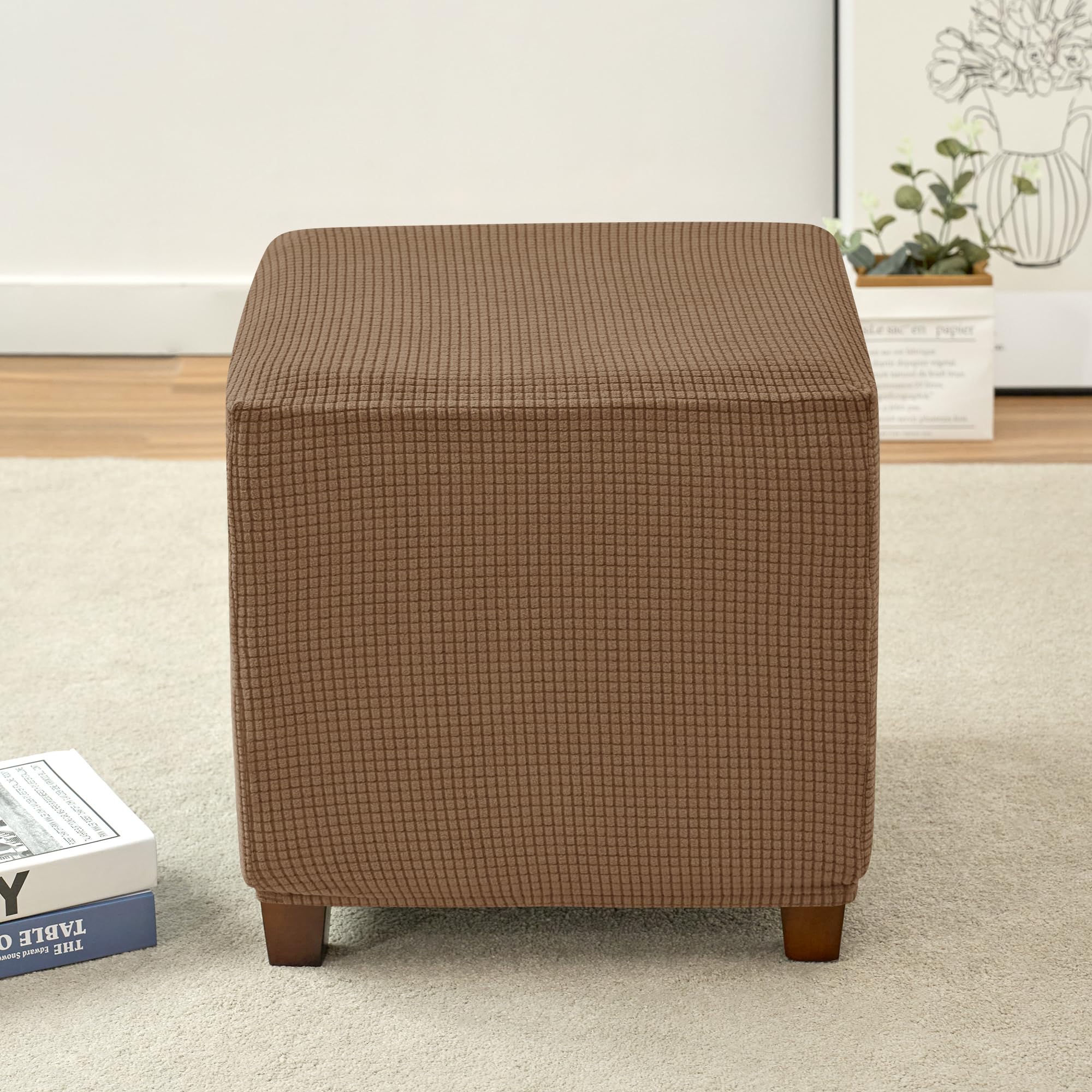 CONRUSER Stretch Ottoman Covers, Soft Square Ottoman Slipcover Jacquard Storage Stool Cover Footstool Slipcover for Living Room Furniture Protector (Brown)