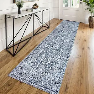 KUTA Vintage Floral Washable Runner Rug, 2x8 Blue White Runners for Hallways Non-Slip Kitchen Rugs Ultra Soft Printed Distressed Tribal Floor Carpet for Bedroom Living Room Nursery Playroom