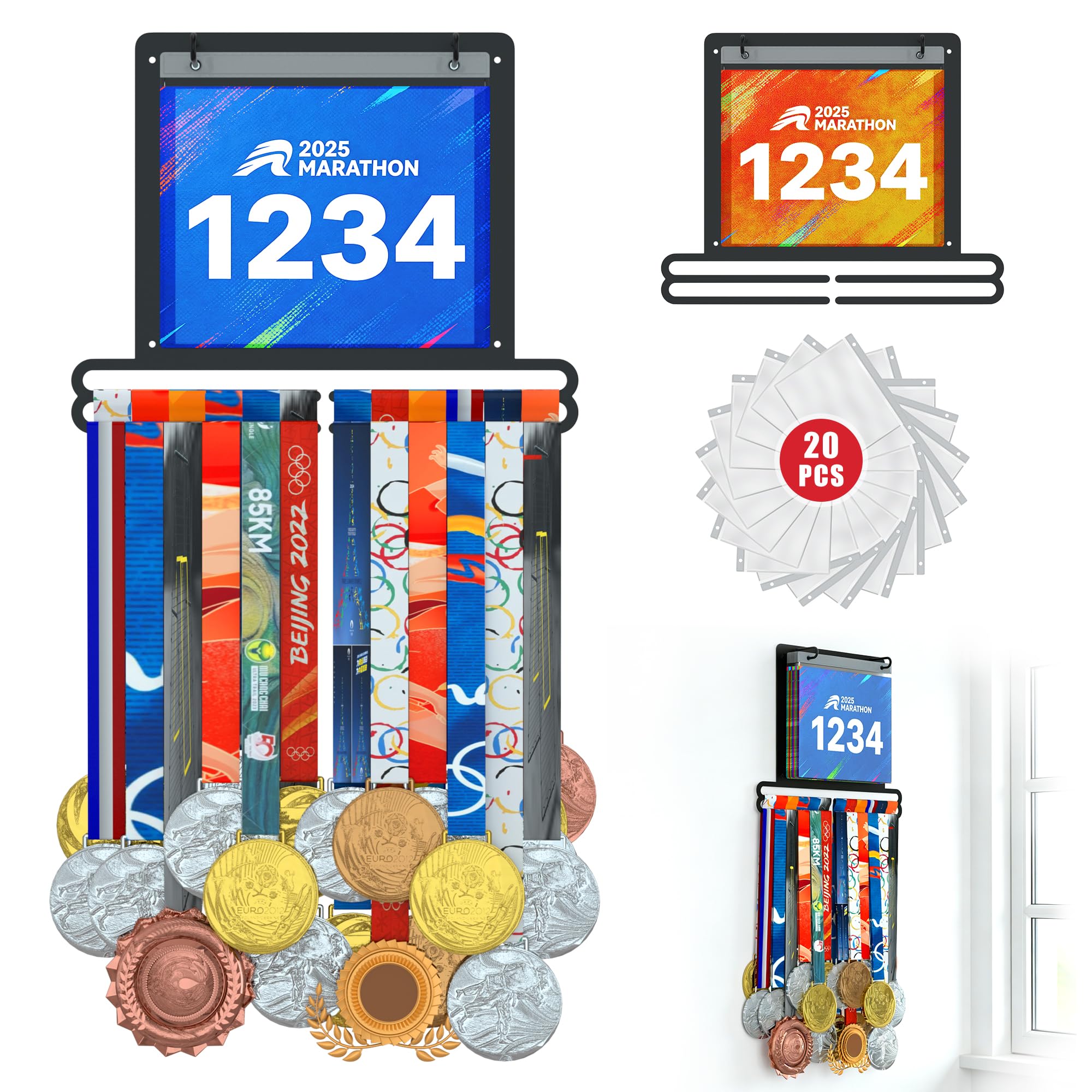 Jolitac Sports Medal Awards Display Rack Wall Mounted Marathon Medals Hanger Holder for 40 Medals 100 Runner Race Bibs 20 Flip Pouches for Race Bibs