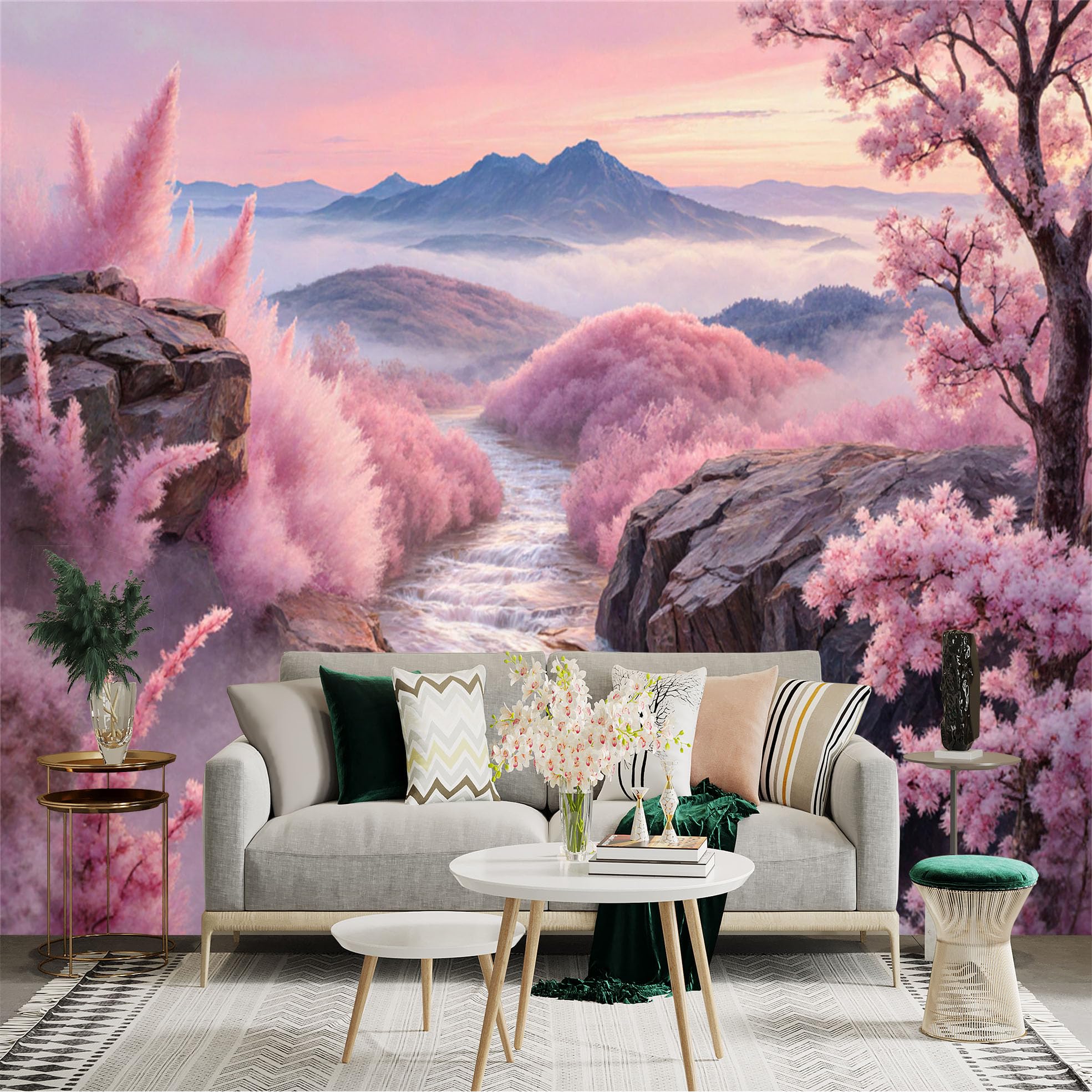 Custom Size Wall Sticker Mural， Pink Cherry Blossom Valley with Waterfall and Mountain Landscape， for wall Decoration， peelandstick wall Decals.