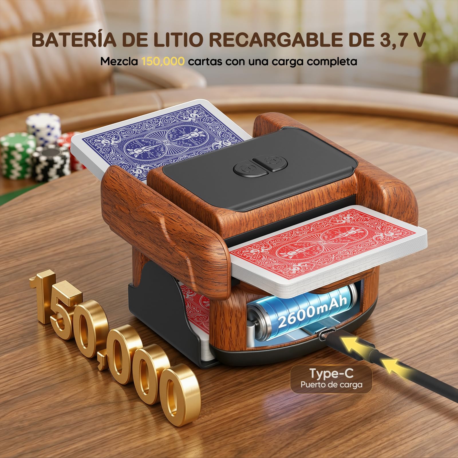 Mélangeur de Cartes Automatique Électrique pour 1-2 Jeux, 2600mAh USB Rechargeable mélangeur de Carte pour UNO Poker Skyjo Blackjack Texas Hold'em, Portable Mélange Silencieux et Rapide, Auto/Manuel