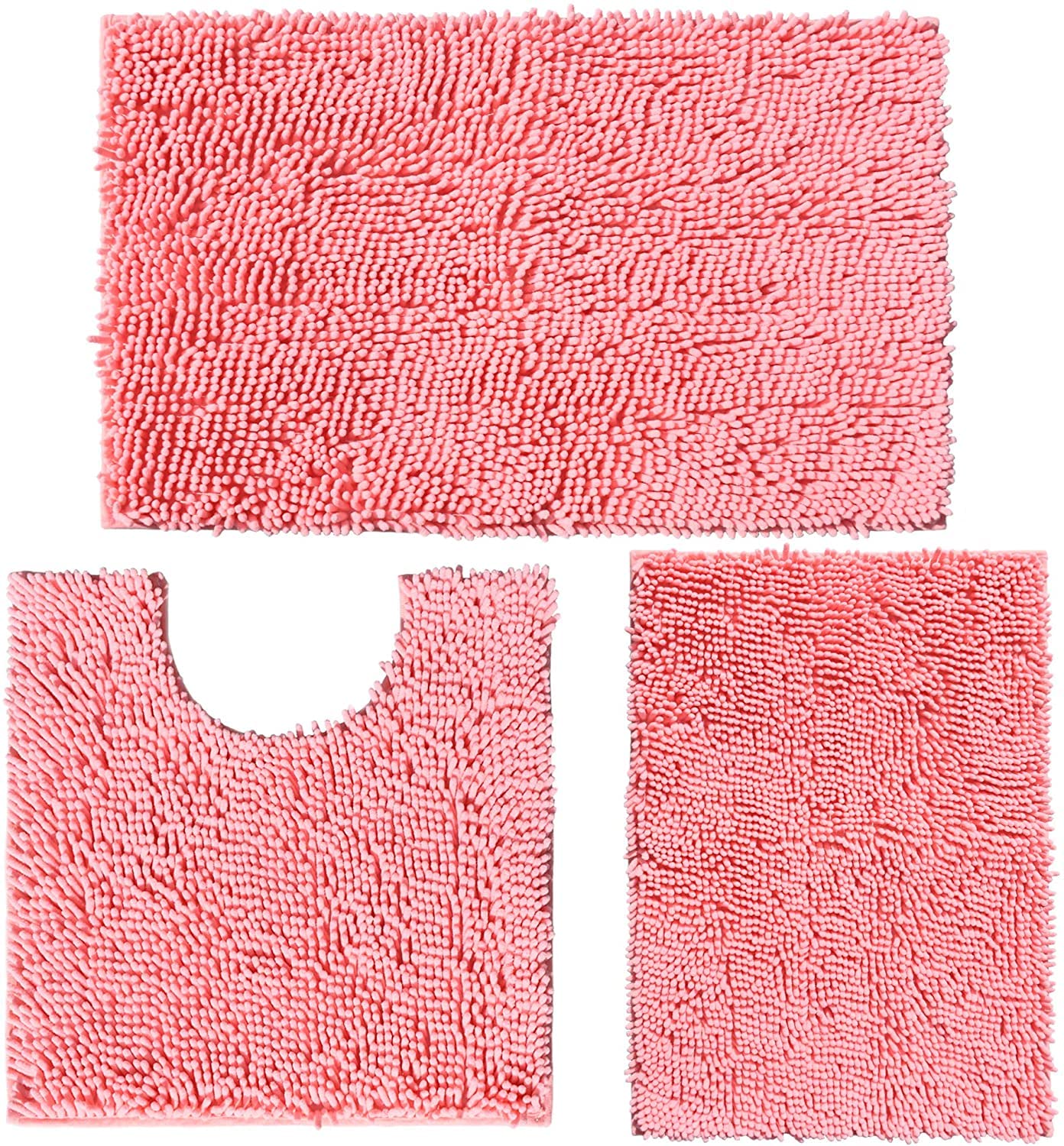placeroom Bathroom Mat Set of 3, Bath and Toilet Mat Set,Ultra Soft Chenille Bath Mat Non Slip,Bath Mat Sets 3 Piece Washable,Super-Absorbent Bath(Pink bath set)