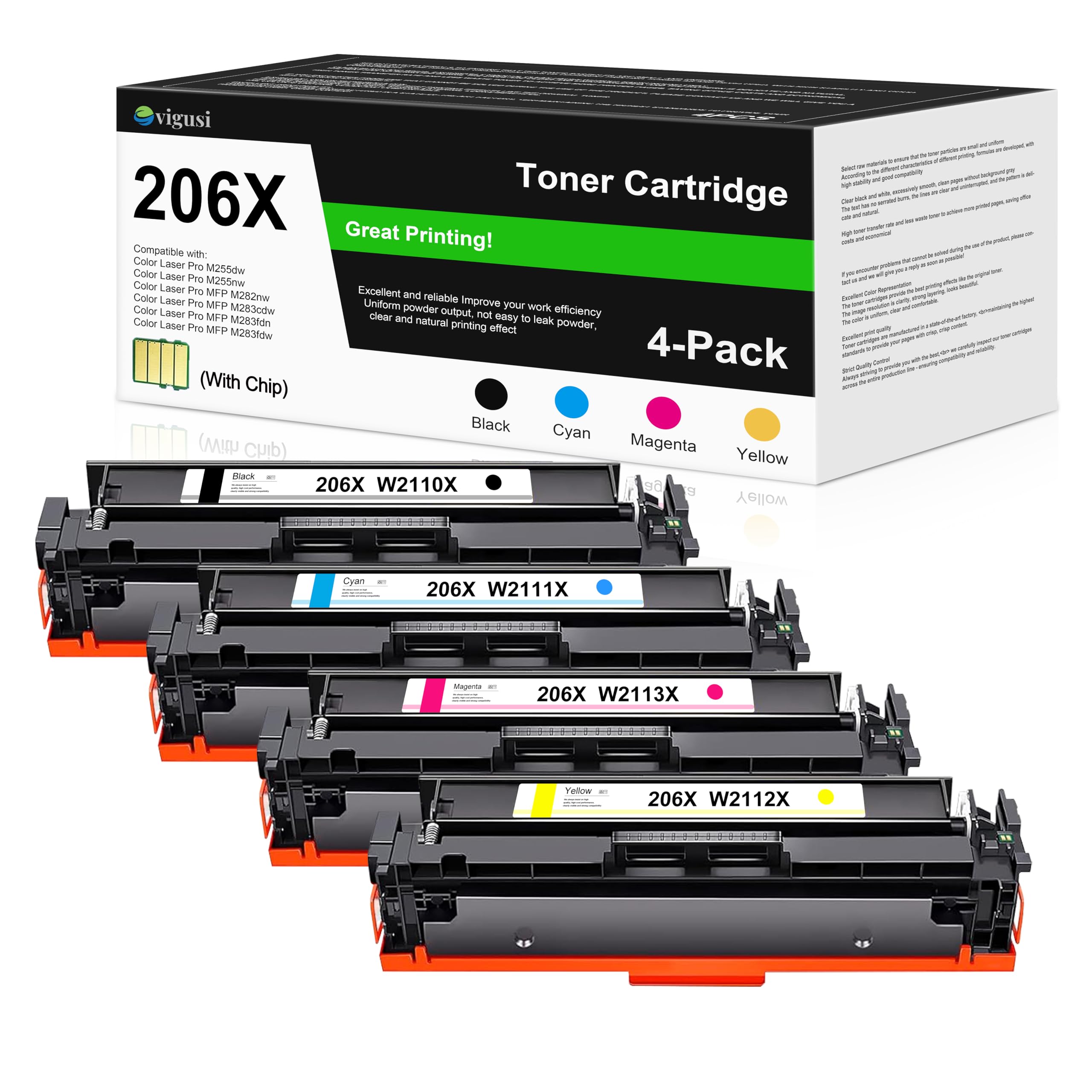 206X Toner Cartridge Set (4-Pack, 1BK/1C/1M/1Y) High Yield Replacement for HP 206X 206A Toner Cartridges Work for Color Laser Pro MFP M282, M283