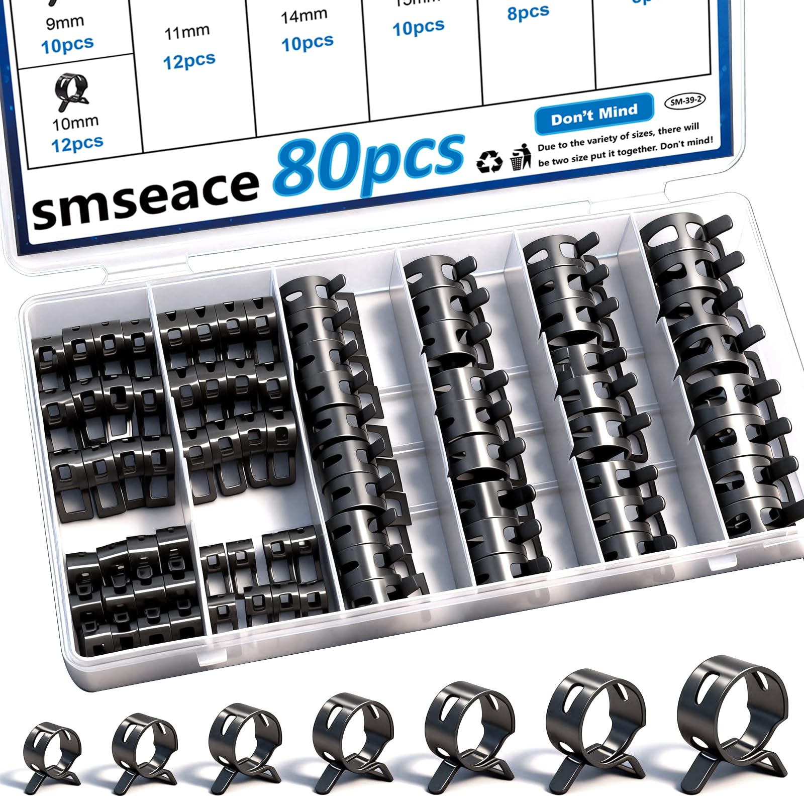 smseace Spring Hose Clamp Assortment kit 7-18mm 8-sizes Constant Tension Hose Clamp used for Fuel Line，Vacuum Hose，Air Hose Spring Band Hose Clamp Kit