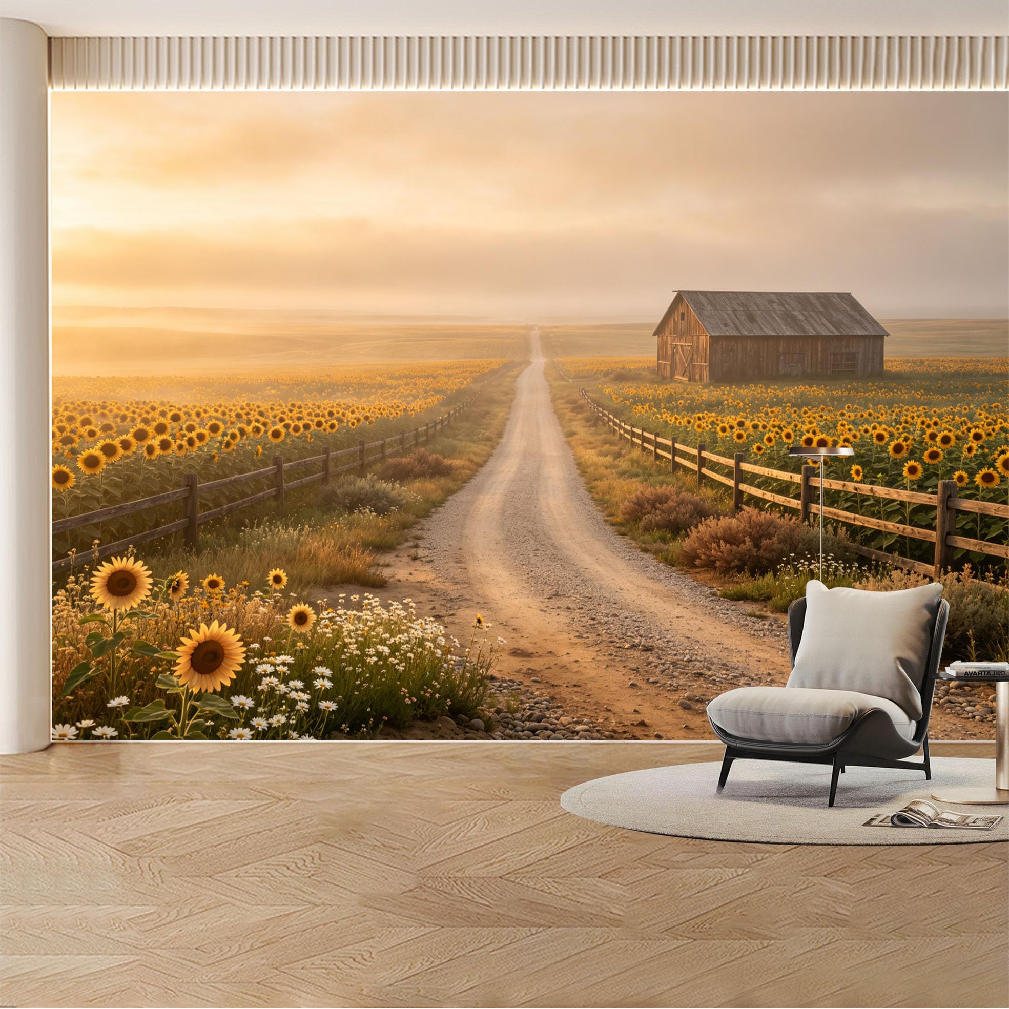 Custom Wall Mural Wallpaper Sunflower Farm Landscape Nature Large Wall Art Mural Design Rustic Sunset Removable SelfAdhesive Large Photo for Living Room， Bedroom， Office