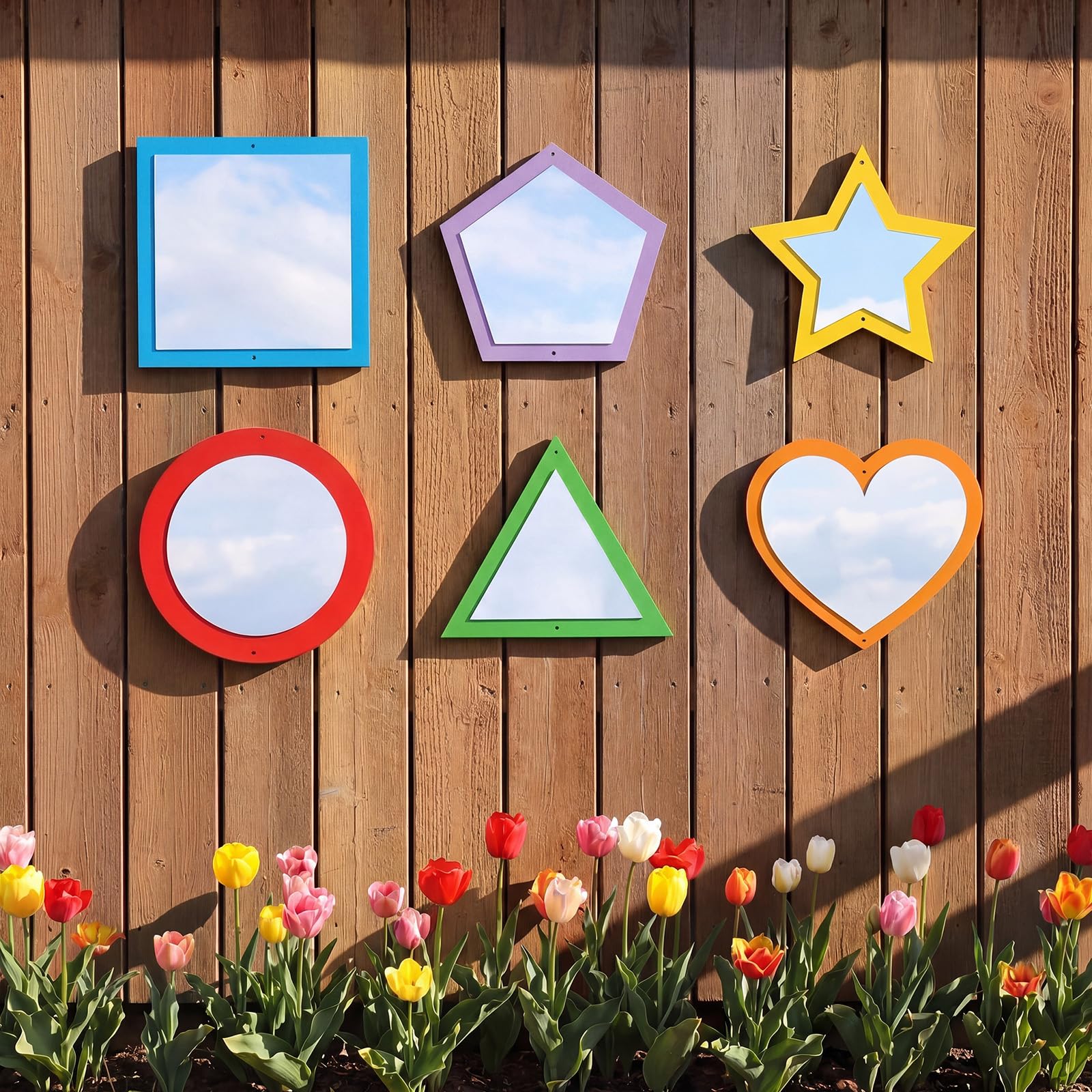 Xuhal 6 Pcs Acrylic Sensory Mirrors Set Square Triangle Circle Star Heart Alien Shapes Learning Tool Outdoor Sign for Sensory Gardens Rooms Garden Wall Decorations โ image 1