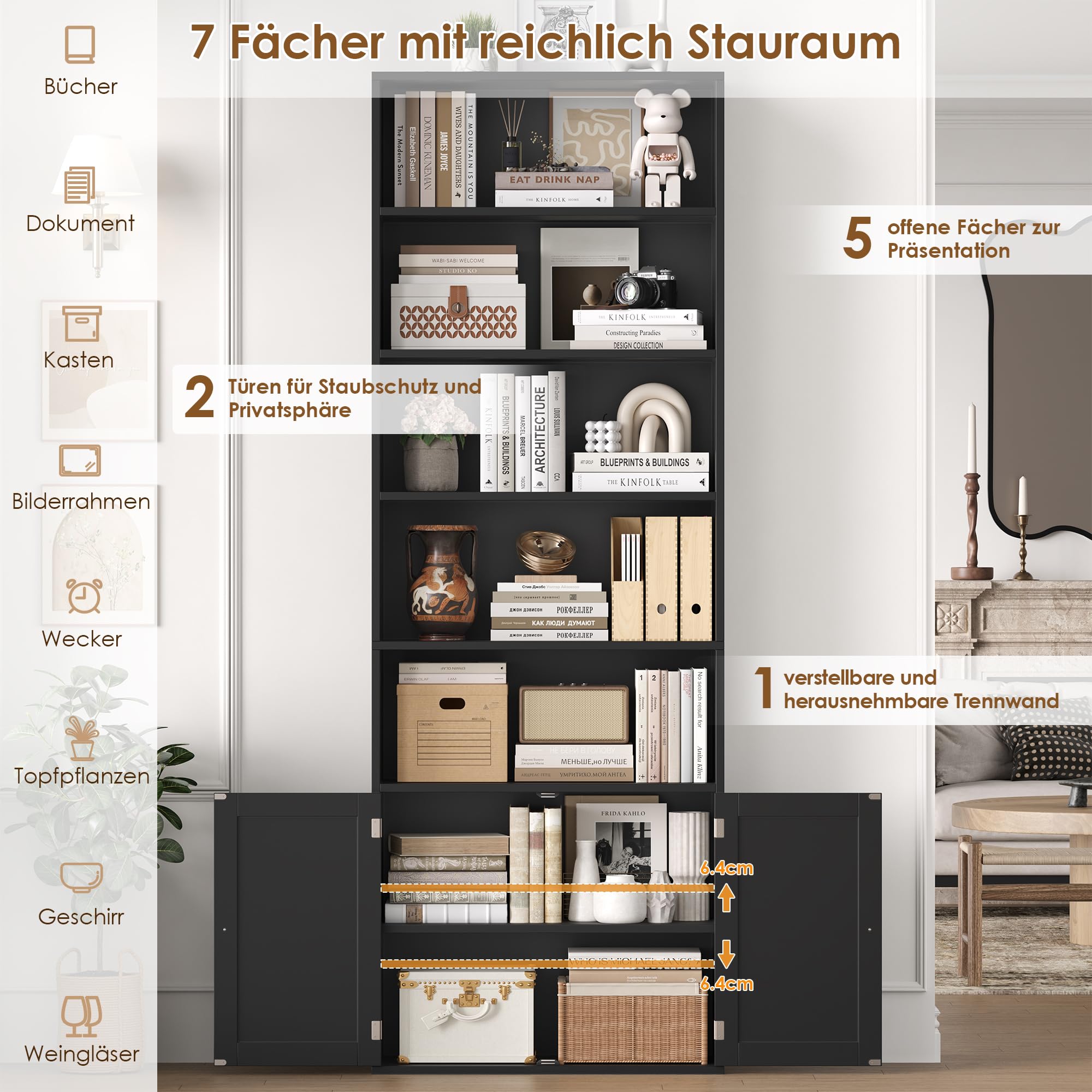 FirFurd 209 cm Bücherregal Bücherschrank mit 2 Türen 7 Ebenen Standregal | Hochschrank mit verstellbarer Ablage, Mehrzweckschrank für Wohnzimmer Büro Küche, 60 x 23,5 x 209 cm, schwarz