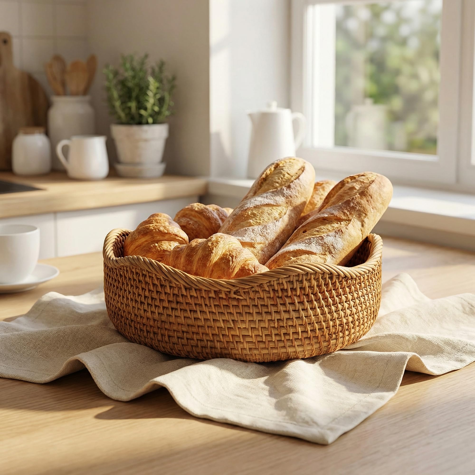 Panier de Rangement Rond en Rotin, Corbeille de Fruits en Osier, Organisateur Tressé Naturel pour Cuisine/Salle à Manger (Vague)
