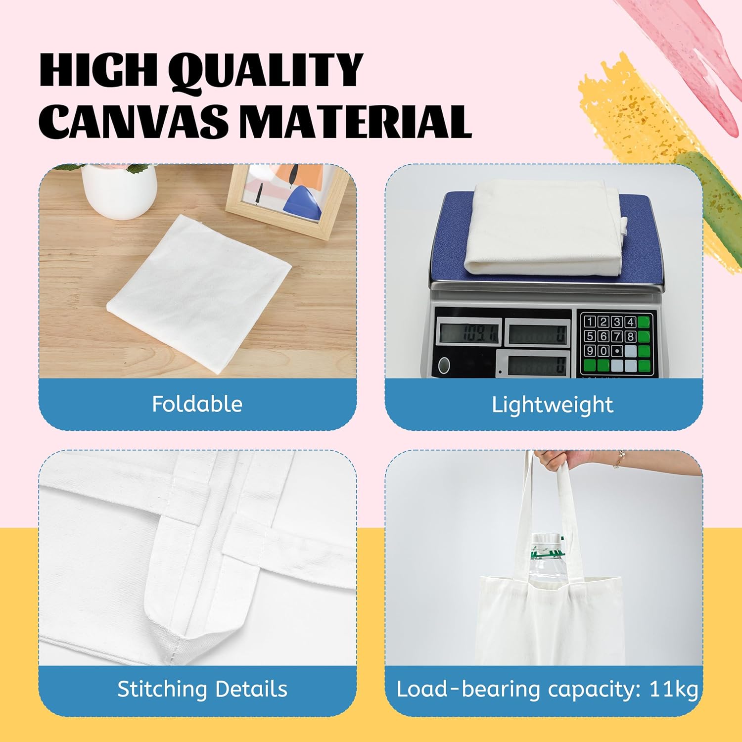 Joyclub 20 Pack Canvas Tote Bags Bulk Sublimation Blanks Tote Bags Polyester Medium Reusable Grocery Cloth Bags for Heat Transfer Tie Dye Advertising Painting Crafting Library DIY Gift - Image 4