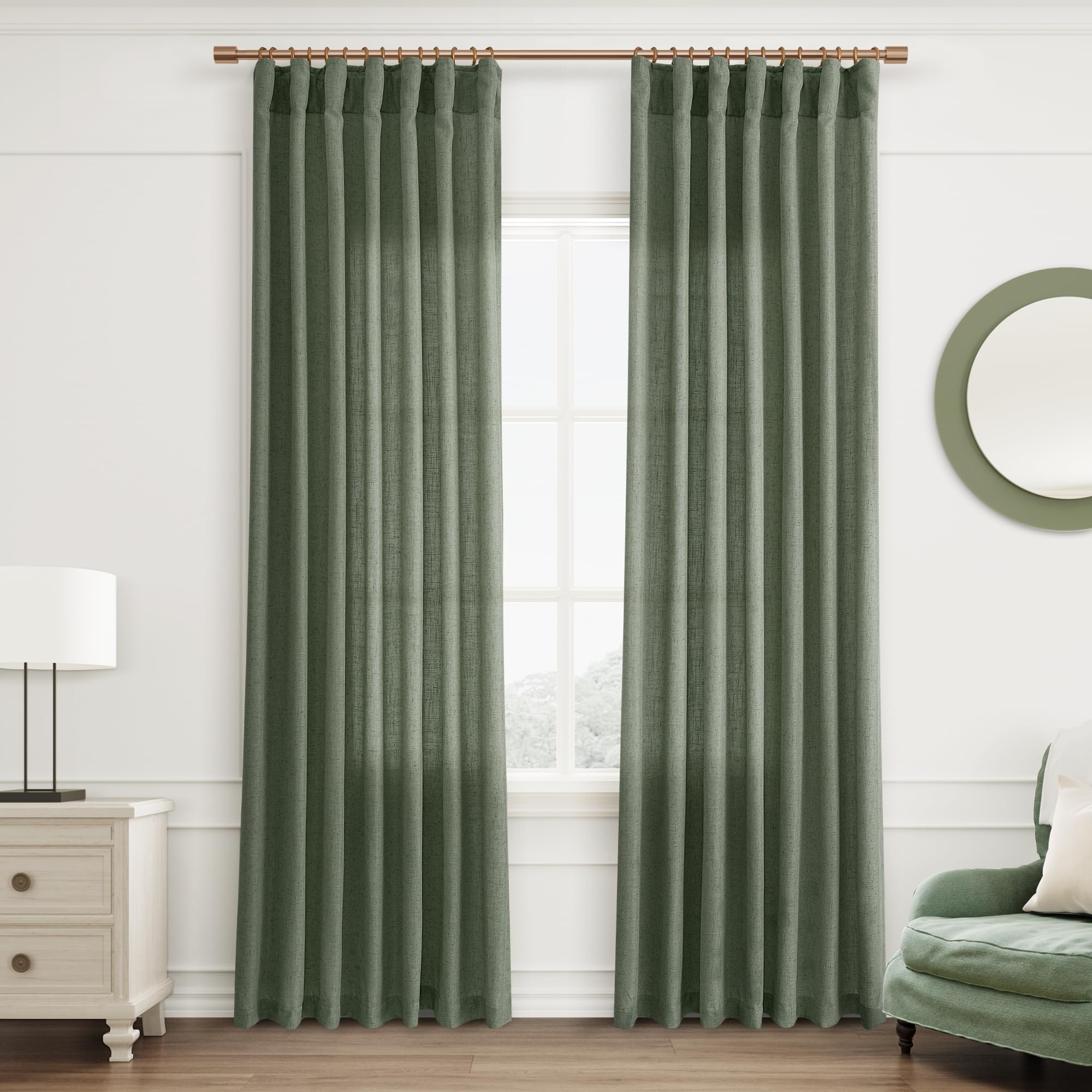 Joywell Olive Semi Sheer Curtains 80 Inches Long Green Linen Curtains for Bedroom Closet Curtains Rustic Neutral Living Room Set of 2 Sheer Privacy Curtains Elegant Light Filtering Emerald Green