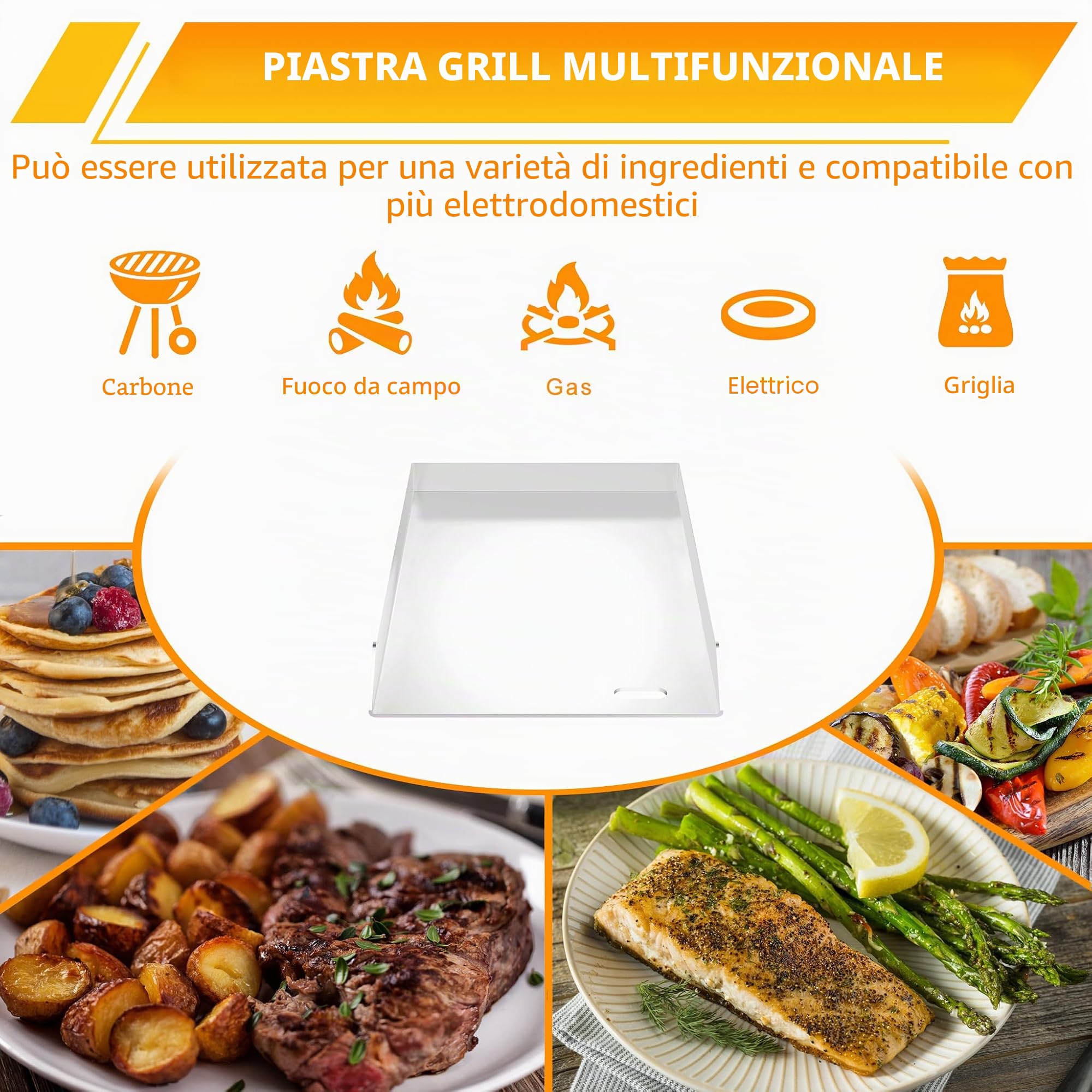 HENGMEI Piastra per barbecue in acciaio inox, universale, Plancha per barbecue a carbone e a gas, per distribuzione uniforme del calore, con spatola inclusa (30 x 40 cm)
