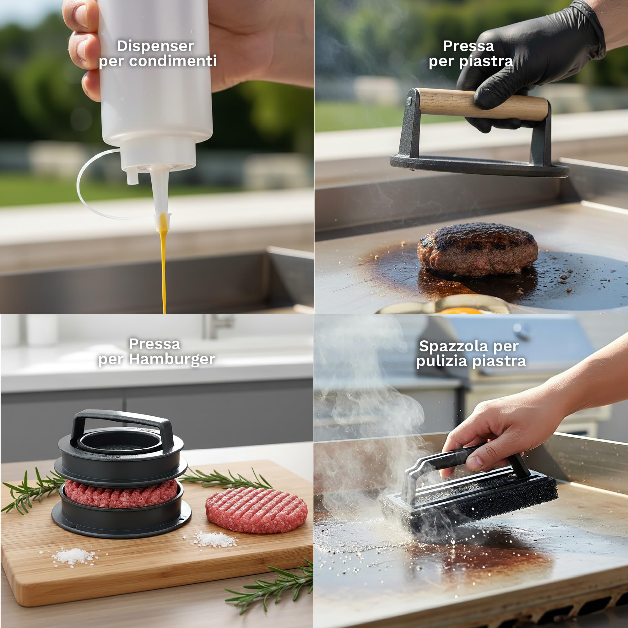 IlGruppone Set Accessori Barbecue Professionale 27 Pezzi Kit Completo BBQ Smash Burger, Pressa Hamburger, Spatole, Pinze, Cloche e Dispenser Salse – Utensili in Acciaio Inox con Borsa Trasporto