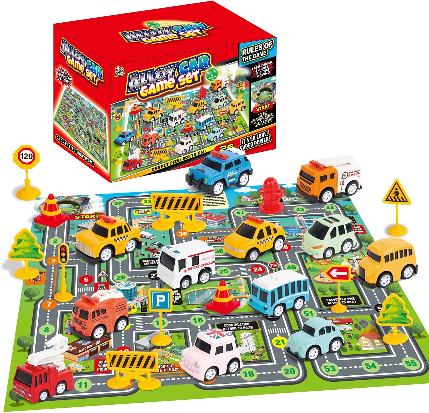 Juguetes de coche 12 juegos de coche de construcción con alfombrilla de juego de la ciudad, letreros de carretera, regalos de juguete para niños, niñas y niños