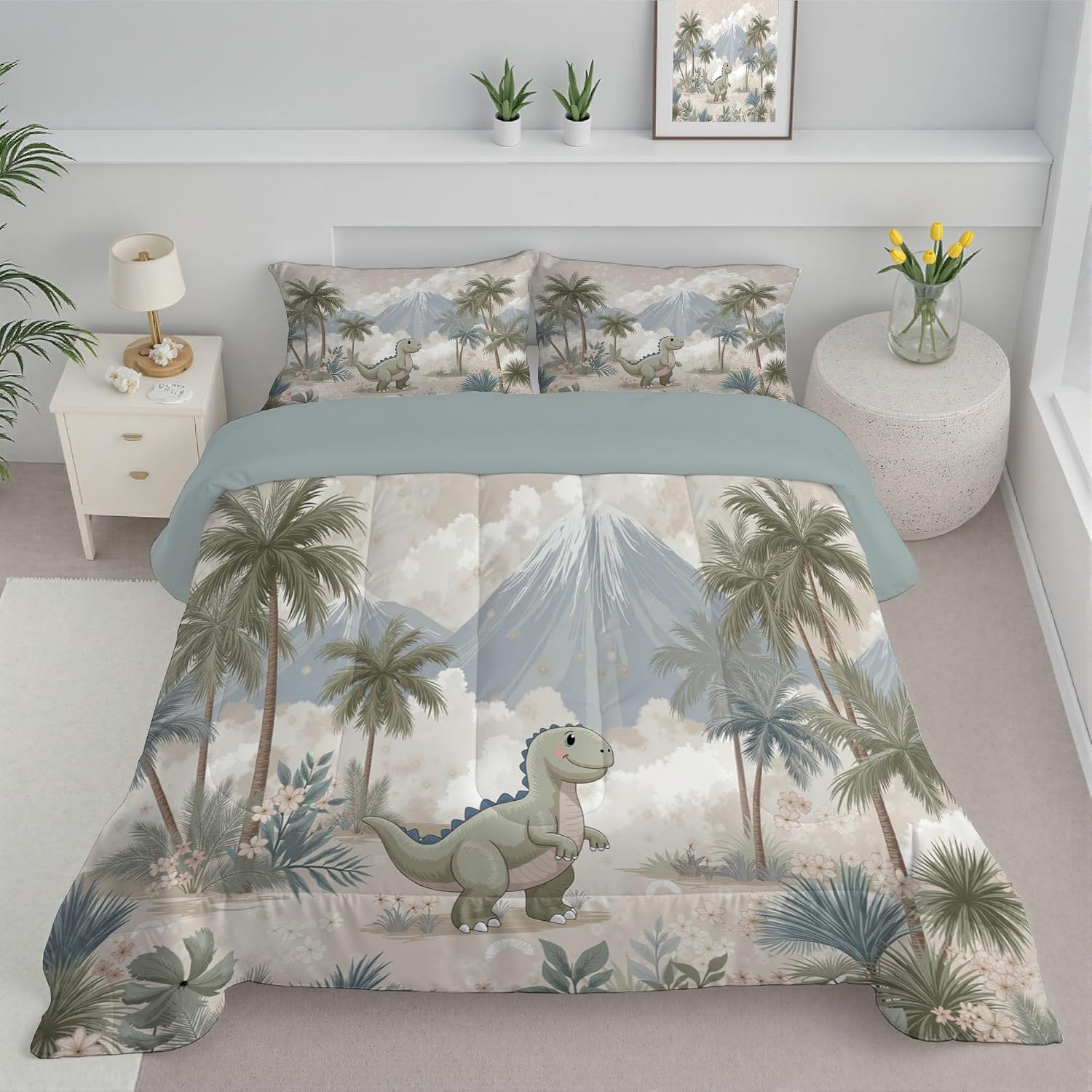 Beige 68" x 86" Duvet, Reversible Coverless Children Boys Girls 2 Duvet, Twin Washable Quilt 7.5 Tog for All Seasons, Watercolor Palm Tree Comforter with 1 Pillowcases