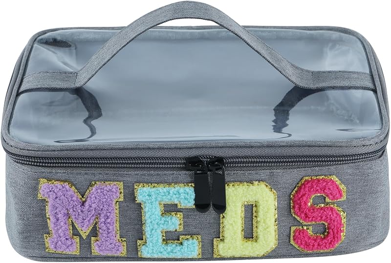 Estojo organizador de viagem YUDEYG em nylon com parte superior transparente e patch MEDS, cinza
