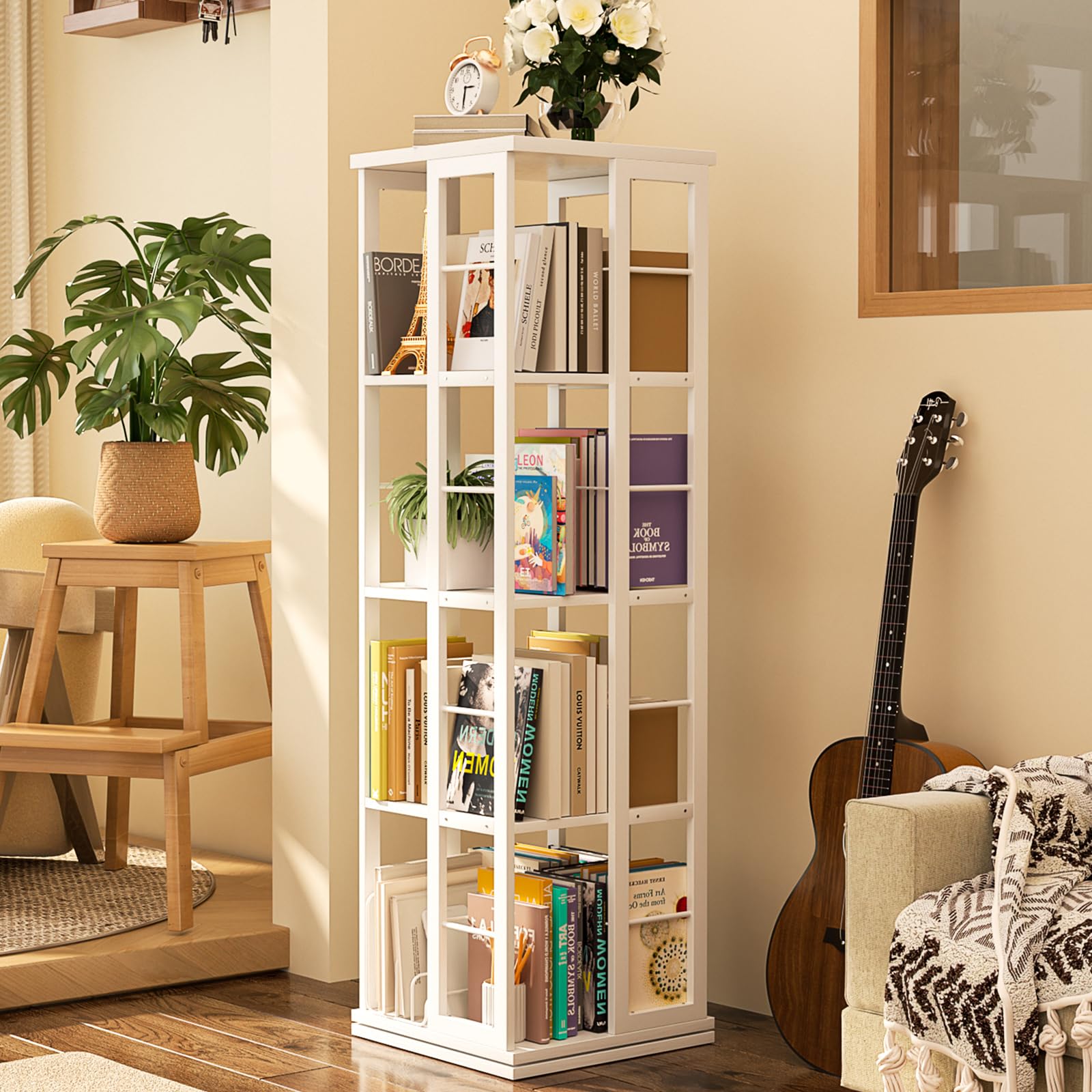 iSunirm Estantería giratoria, estantería de Esquina, estantería giratoria de Madera con rotación de 360°, estantería de pie Estrecha con Organizador Giratorio para Espacios pequeños, Blanca