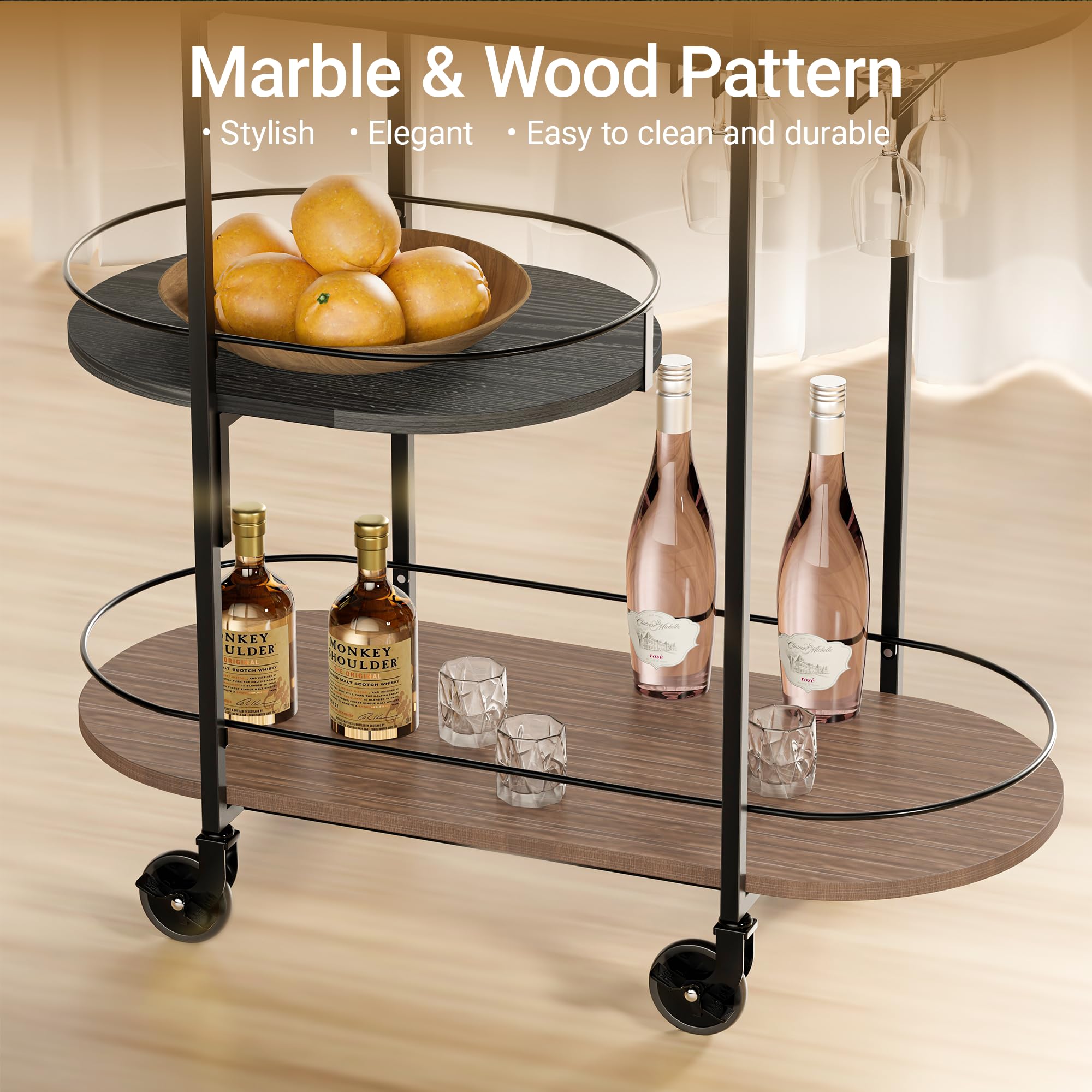 Chariot De Bar Mobile 3 étagères Ovale - Roulettes Bloquables, Structure Métal Et MDF, Capacité 30 Kg/étagère, Doré