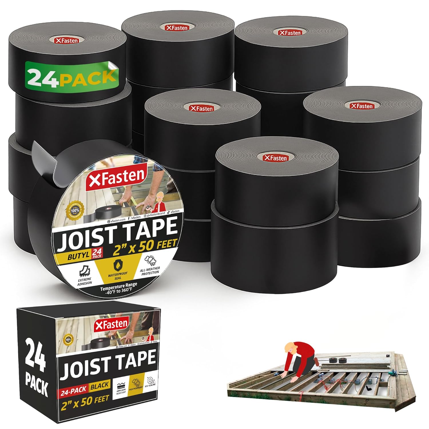 XFasten Butyl Joist Tape for Decking, 2 Inch x 50 Feet (24-Pack), Professional Butyl Deck Joist Tape 2 Inch Waterproof Roof Sealant Flashing Tape, Black Black 2 Inch x 50 Feet (24-Pack 1200ft Total)