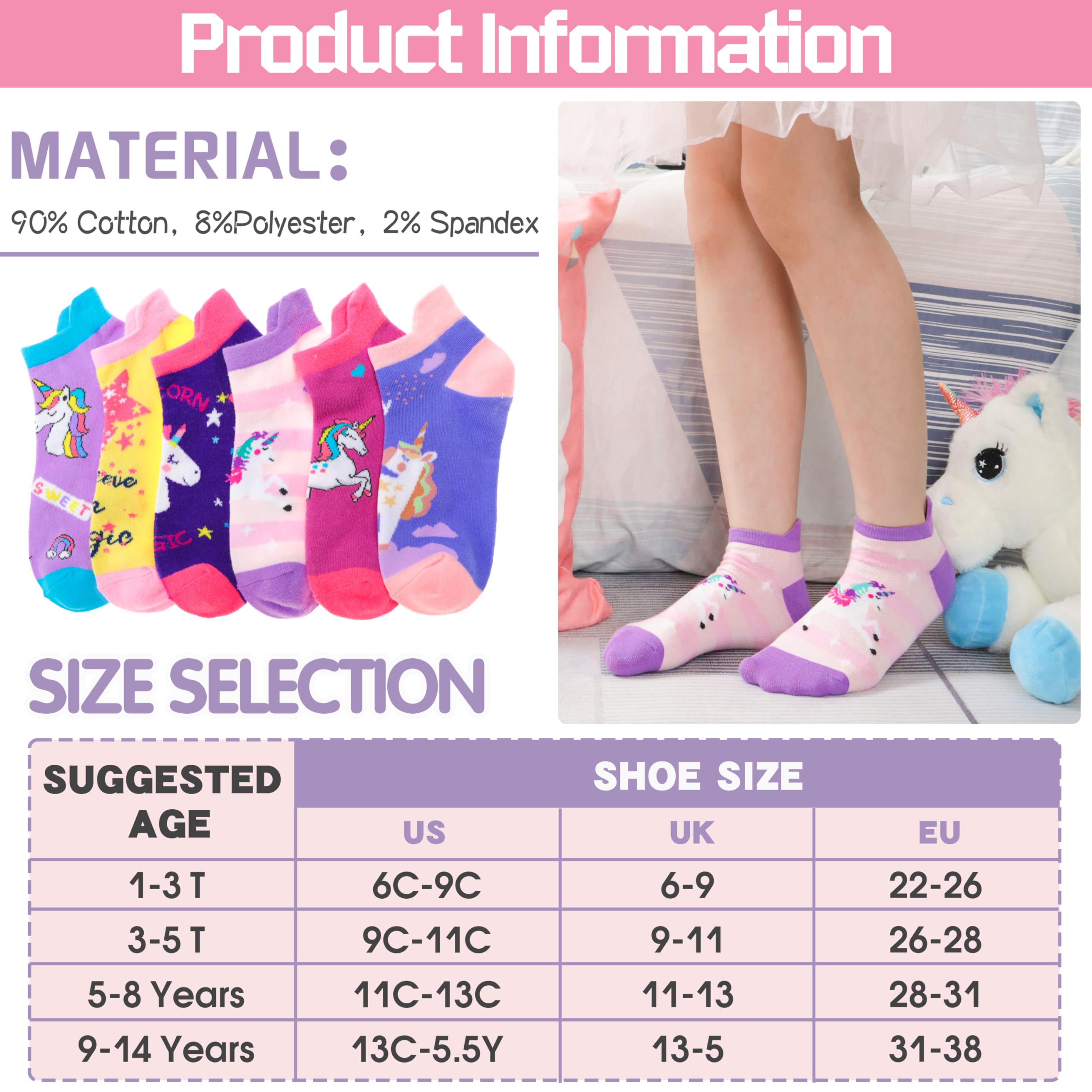 ANTSANG Niños Niñas Calcetines Tobilleros Lindo Unicornio Divertido Novedad Extraño Dibujos Animados No Show Moda Algodón 6 Pares