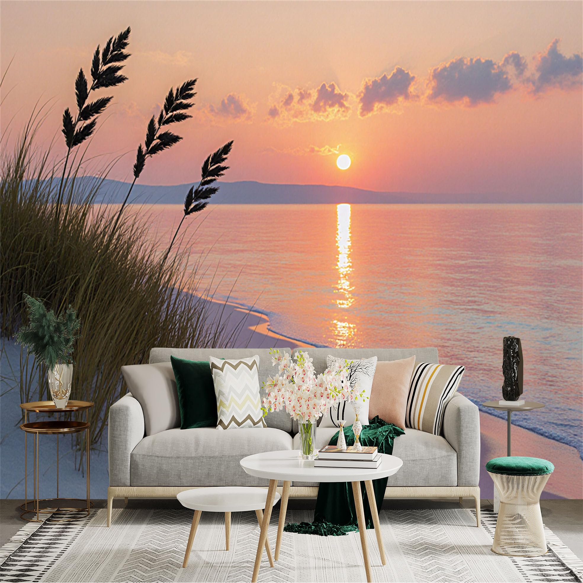 Custom Size Wall Sticker Mural， Scenic Beach at Sunset， Golden Ocean Horizon， Coastal Dune Plants， Peaceful Nature Landscape， for wall Decoration， peelandstick wall Decals.