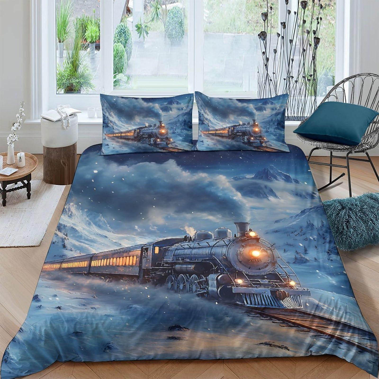 Ctjqhvkz Style-9 3D Printed Steam Train Night Fitted Sheet Microfiber Soft Breathable Railway Bed Cover For Bedroom Guest Dorm Decor Single（135X200cm）