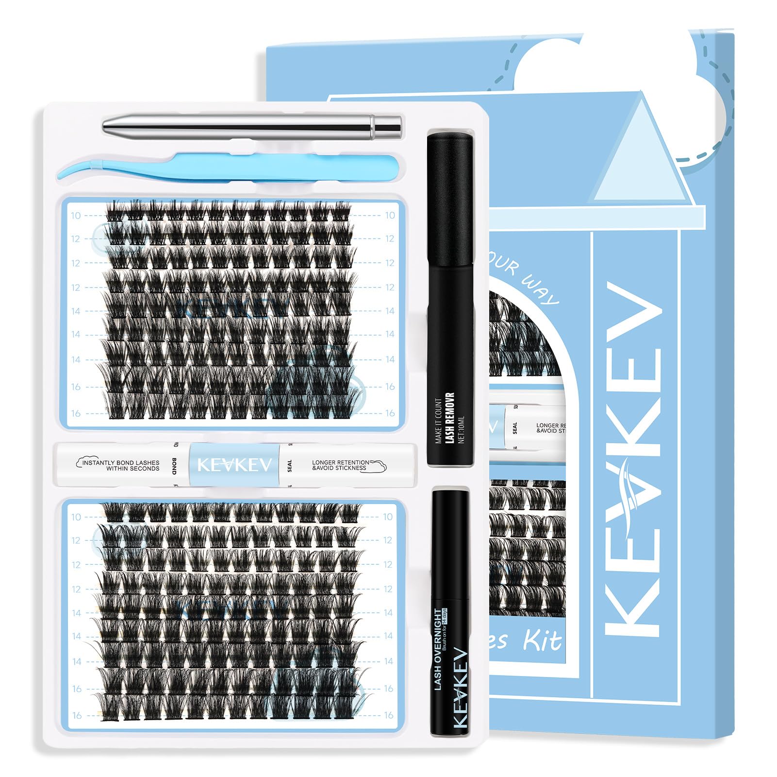 KevKevDIY Lash Extension Kit Eyelash Extension Kit 2 Styles Lash Clusters Kit with 216 Pcs Individual Cluster Lashes Lash Bond and Seal Eyelash Remover Lash Overnighter (Cloudy+Morning, 10-16Mix)