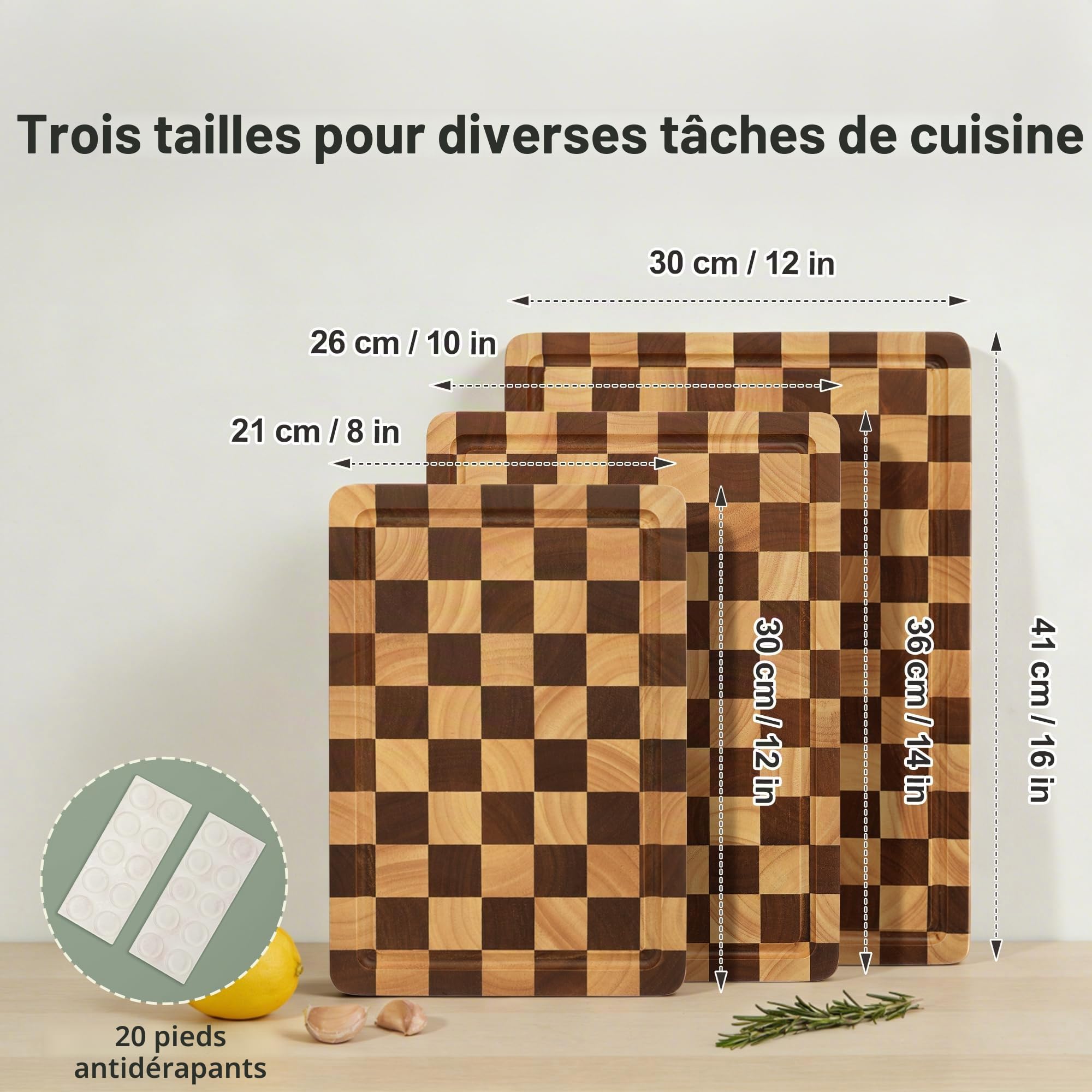 Planche à Découper en Bois Motif Damier, Lot de 3 avec Support, Planches à Découper avec Rainure d'Écoulement et Poignée, pour Viande, Légumes et Fromage