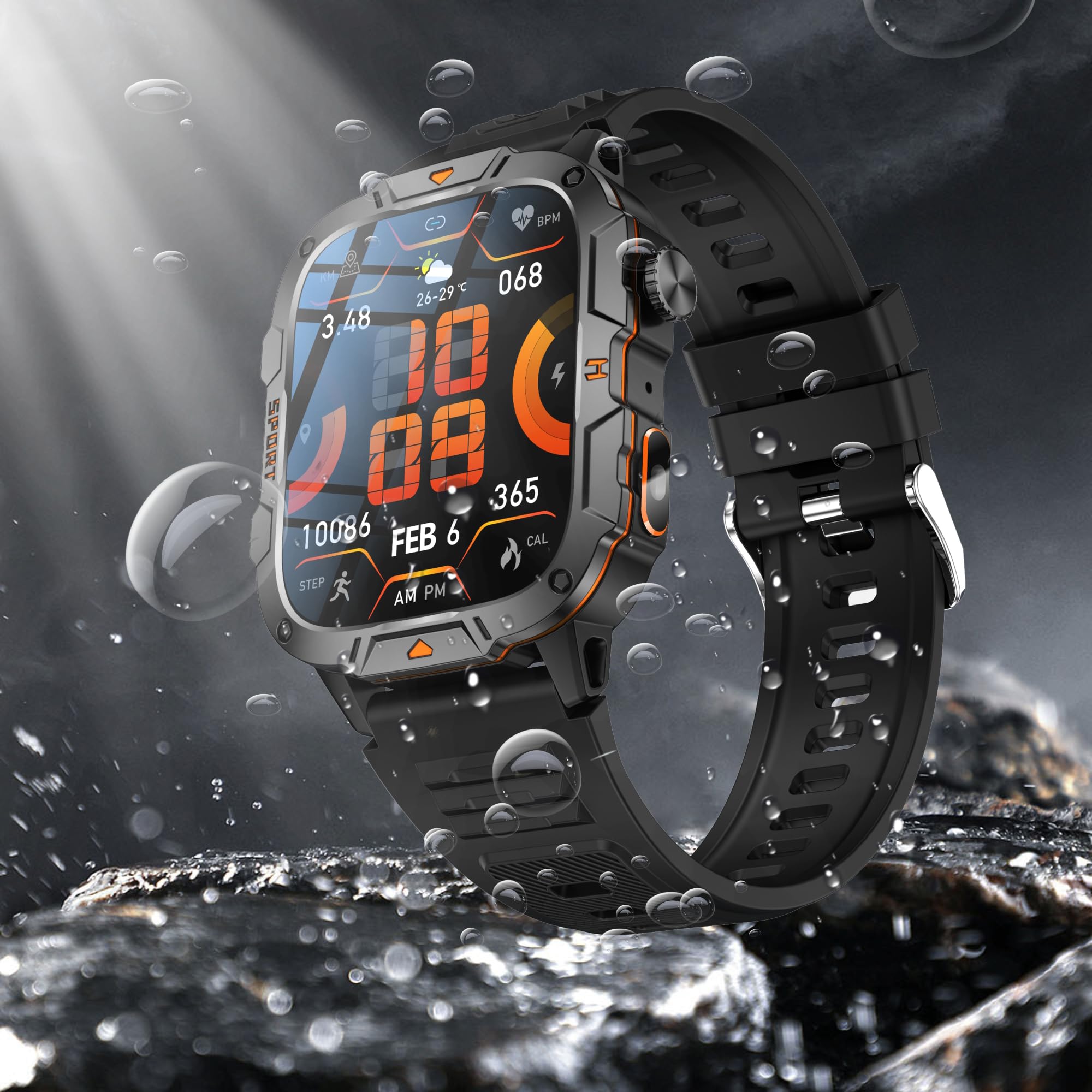 1,96" AMOLED Smartwatch Herren mit Telefonfunktion, Taschenlampe, Sportuhr mit Bluetooth Anrufe mit Schrittzähler, 5ATM Wasserdicht Smart Watch für iOS Android(2 Armbänder) (Orange)