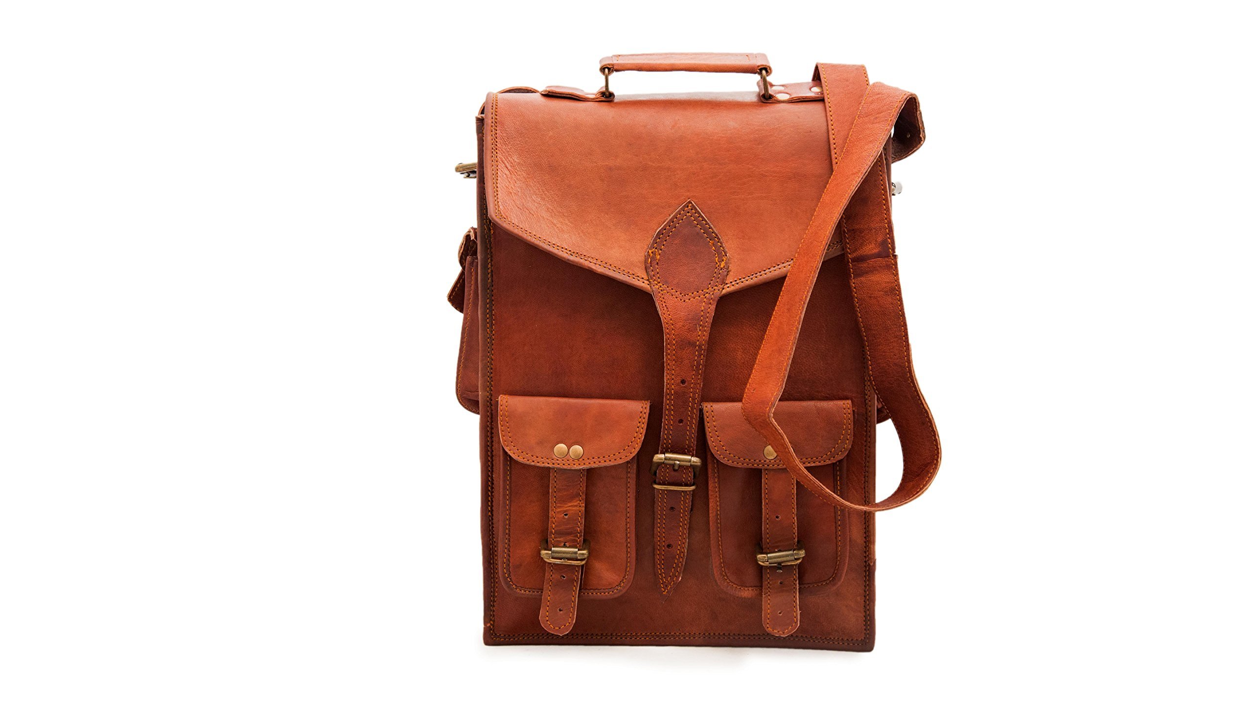 Vintage Handmade Genuine Brown Leather Laptop and Messenger Backpack-image-21